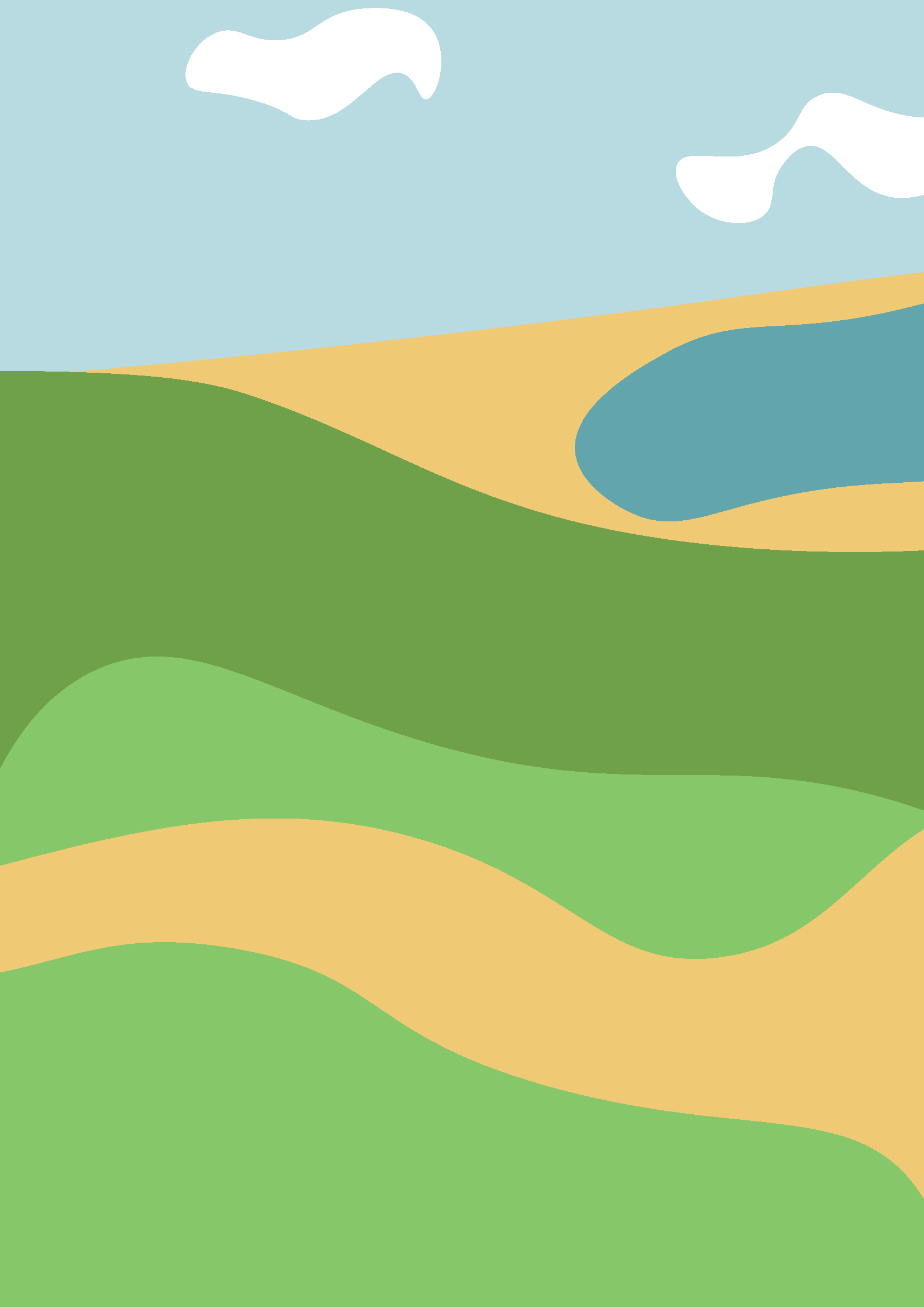 Abstrakte Landschaft mit grünen Hügeln, Sanddünen, einem See und Wolken am Himmel.