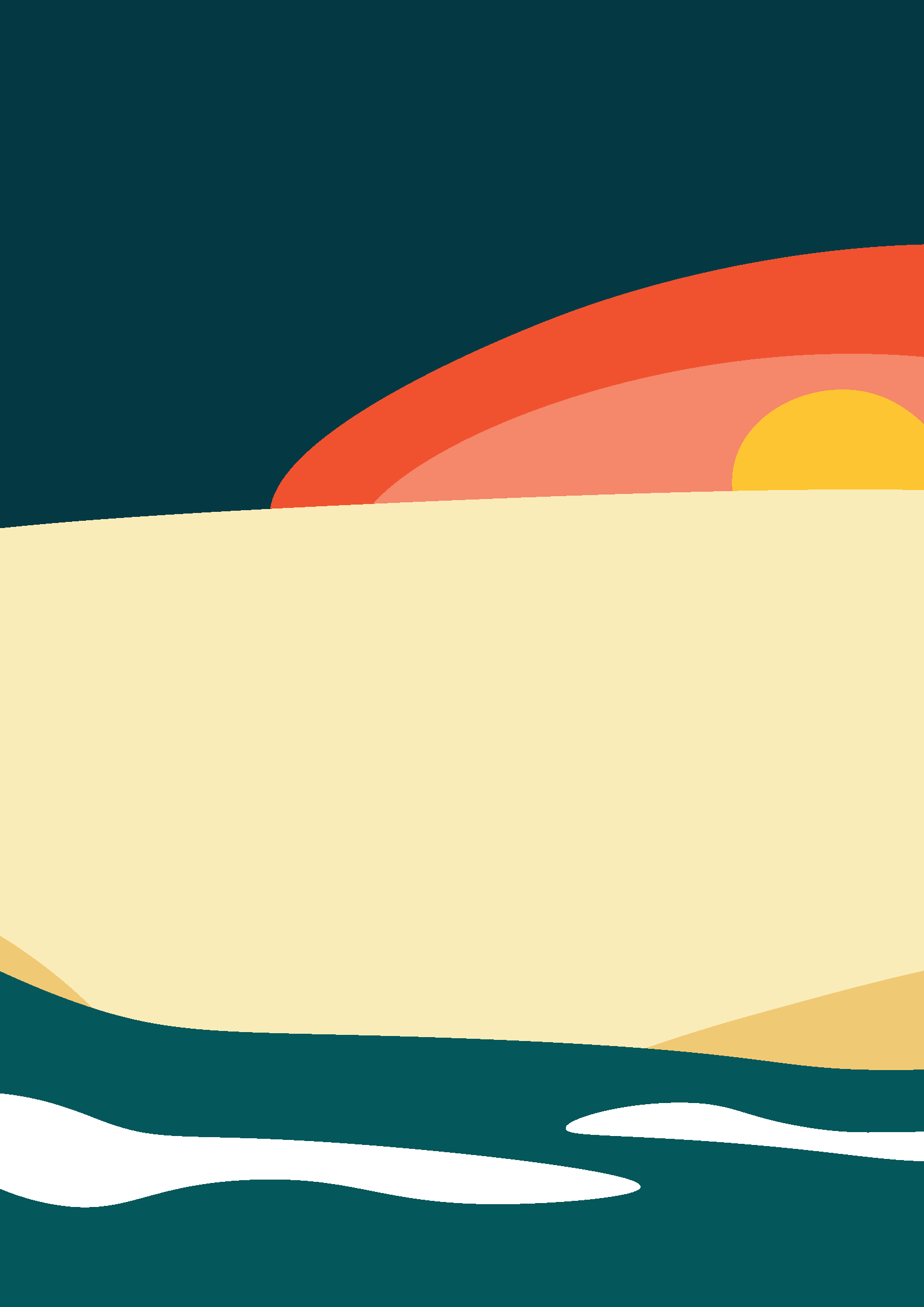 Abstrakte Illustration eines Sonnenuntergangs mit Himmel, Meer und Sandstrand in minimalistischen Farben.
