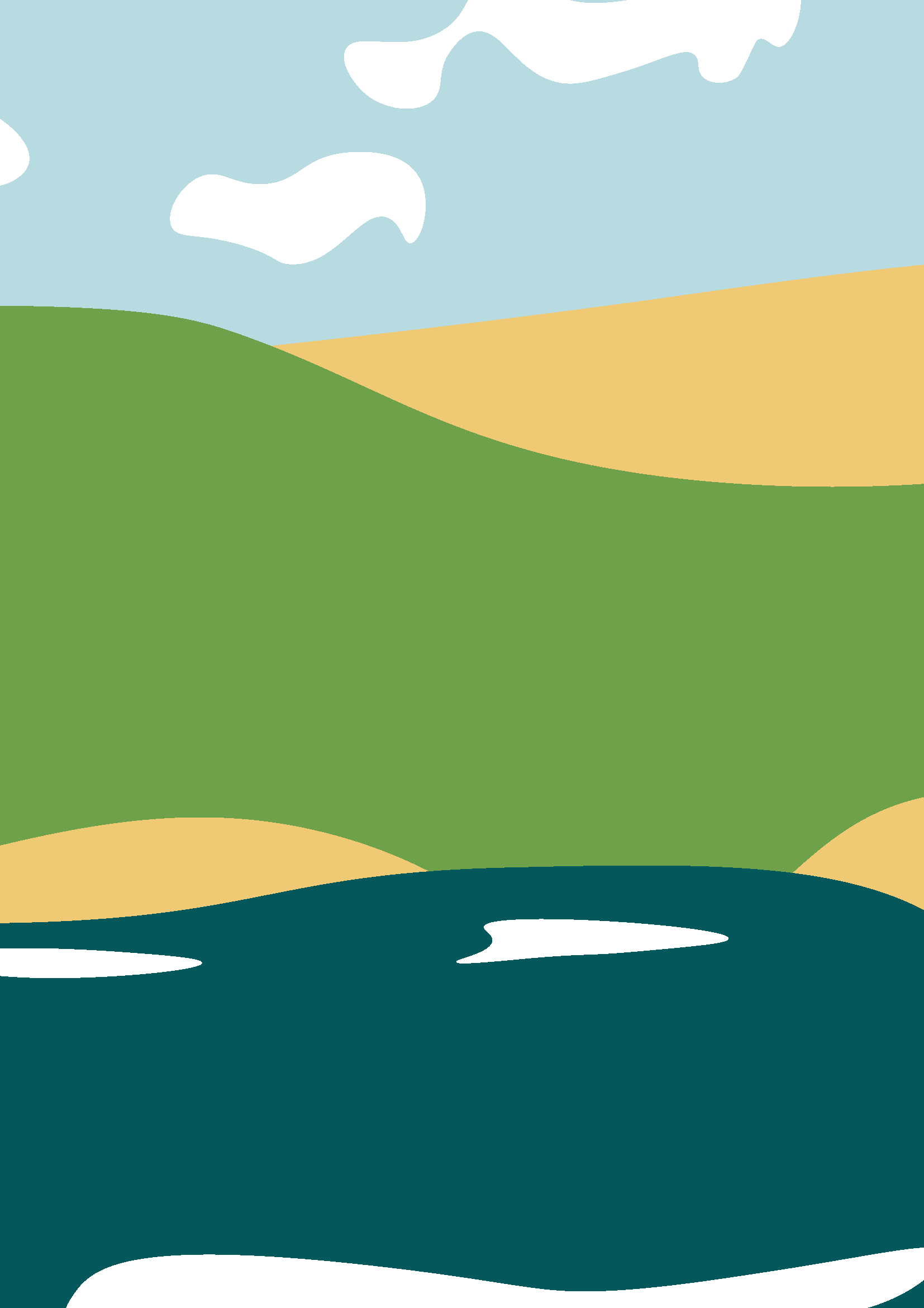 Abstrakte Illustration einer Landschaft mit Himmel, Wolken, Hügeln, Sanddünen und Wasser.