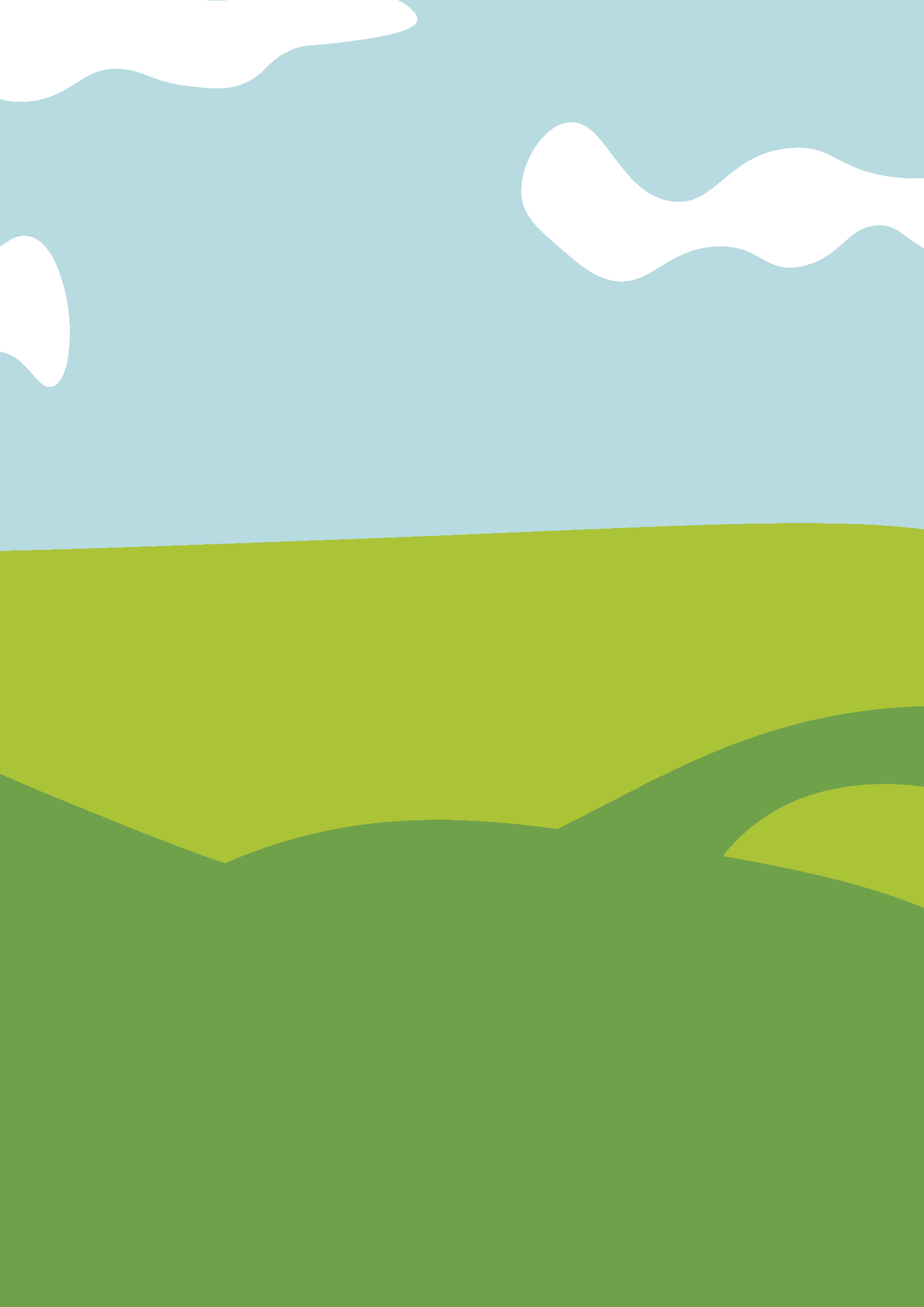 Ein einfaches, gezeichnetes Landschaftsbild mit Himmel, Wolken und grünen Hügeln.