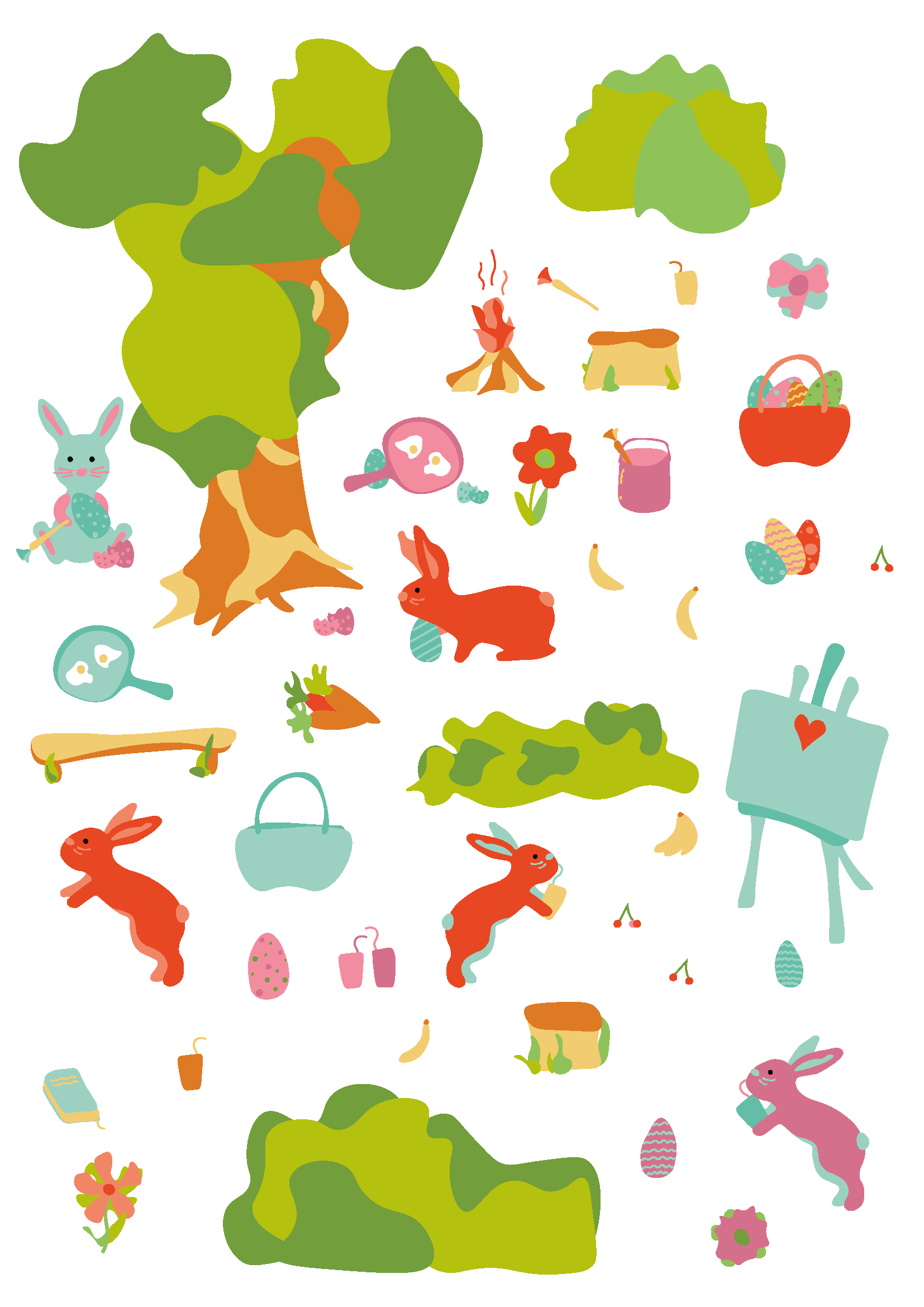 Frühling oder Oster-themed Illustration mit Hasen, Eiern, Bäumen, Blumen, Essen und Trinken, inkl. Gartengeräte und Dekorationen.