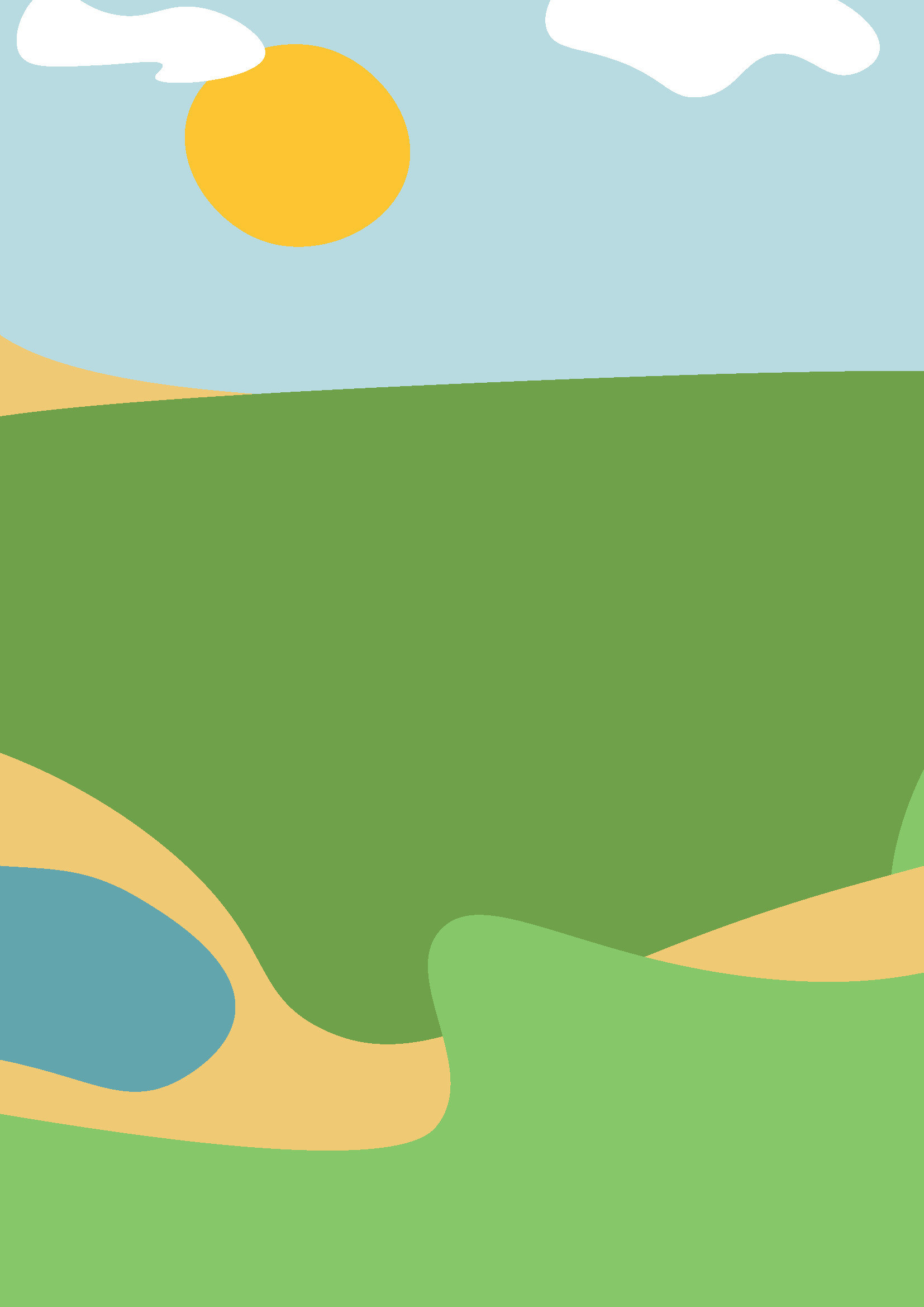 Abstrakte Landschaft mit grünem Hügel, blauer See, gelbem Sandstrand, blauen Himmel, weißen Wolken und einer gelben Sonne.