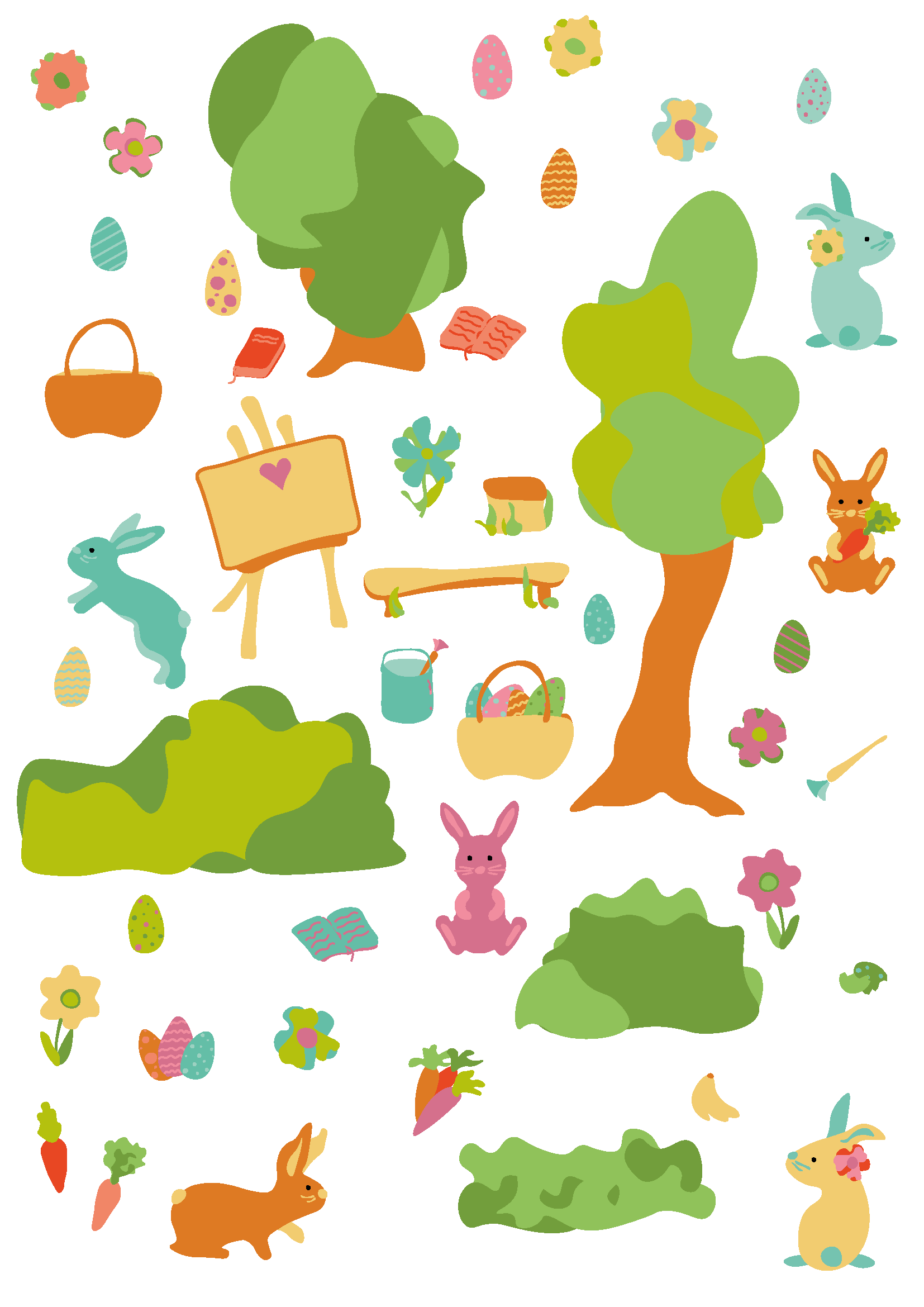 Bunte Osterdekoration mit Hasen, Kaninchen, Eiern, Blumen und Bäumen im Frühling.