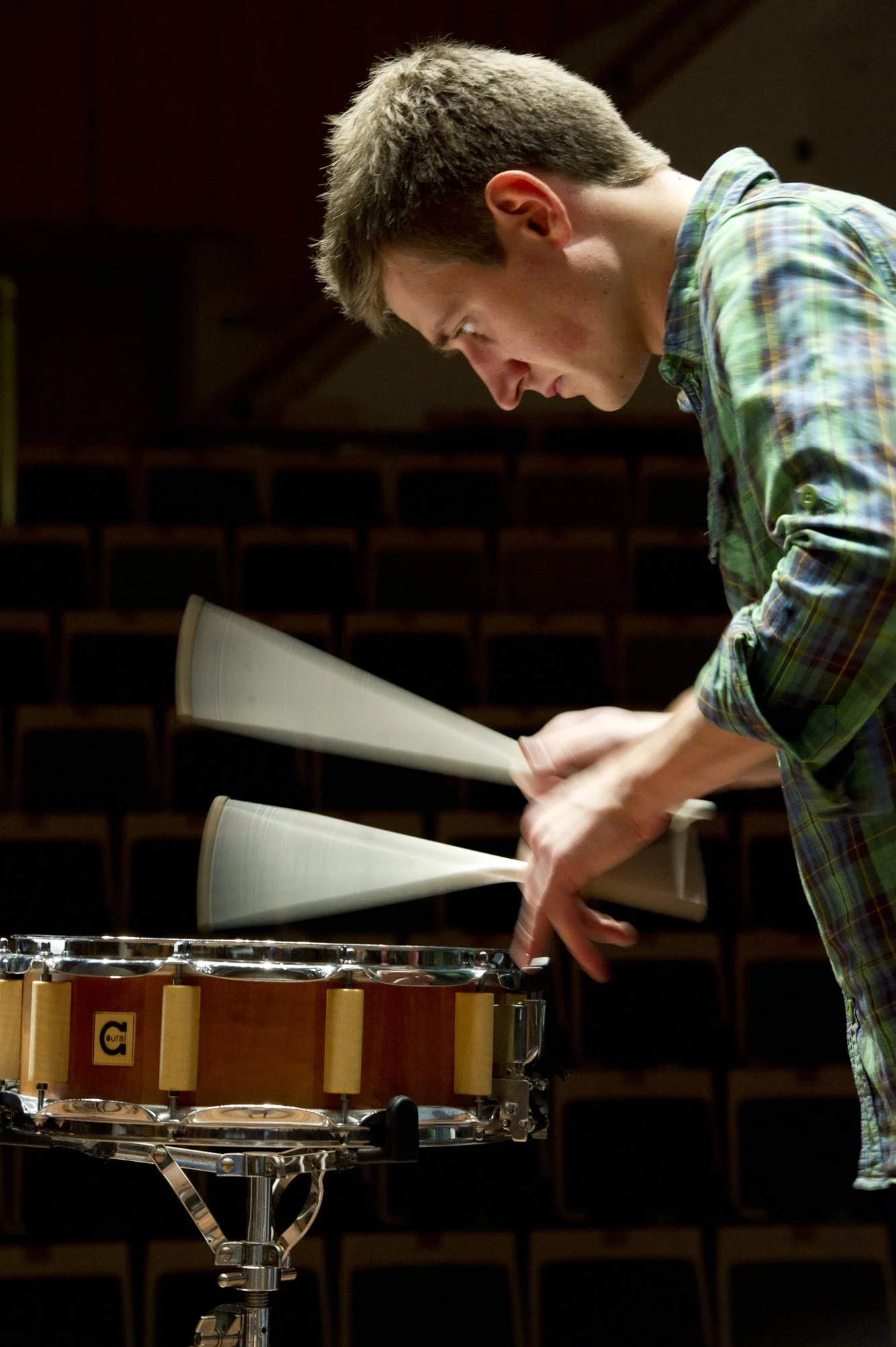 Alexej Gerrassimez playing snare drum with fast moving sticks during the final of the Tromp Percussion Eindhoven 2010 competition