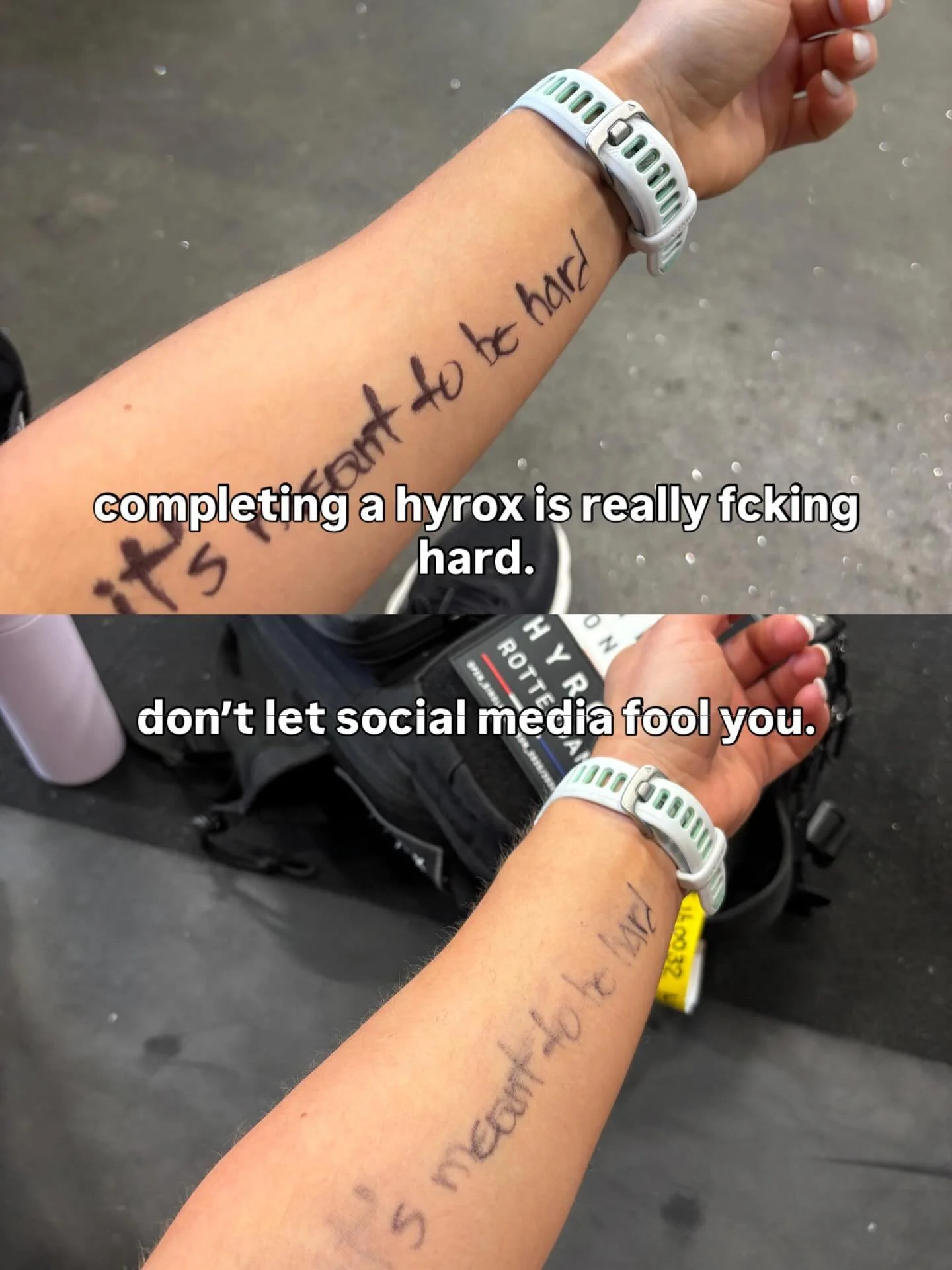 I know you are seeing hyrox all over social media, and you are seeing people racing back-to-back days, and you are seeing mind blowing finish times. 

Im here to tell you this is NOT the norm. And most definitely not easy.

I wrote this on my forearm