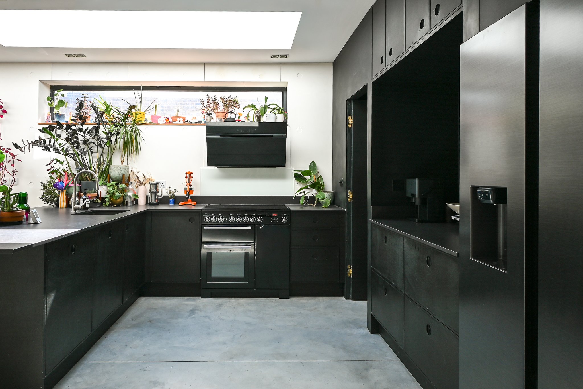Modern kitchen with black cabinetry, stainless steel appliances, and various potted plants on the window ledge and counter.