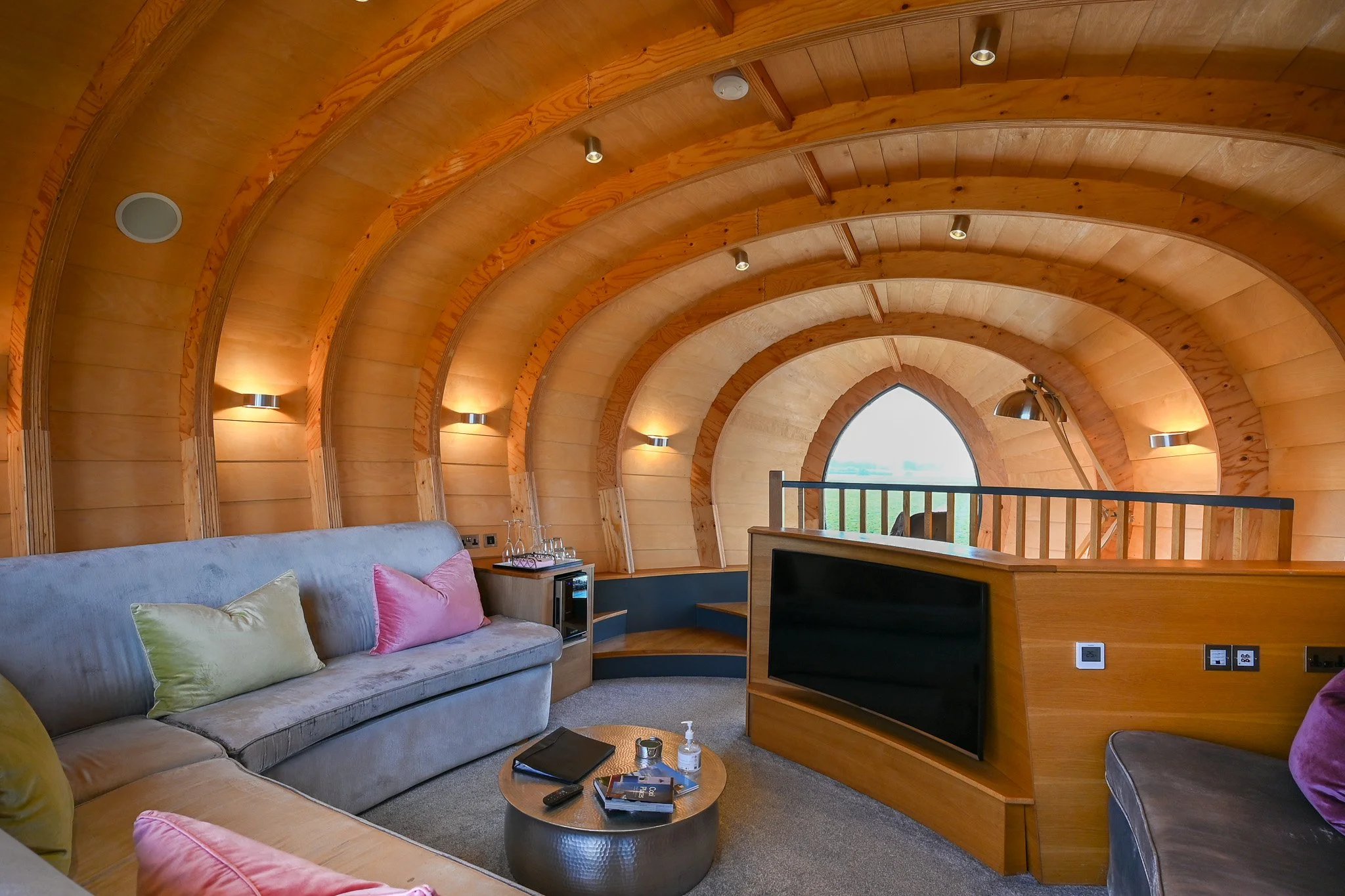 the pod at the windmill suffolk with a cured timber beam finish