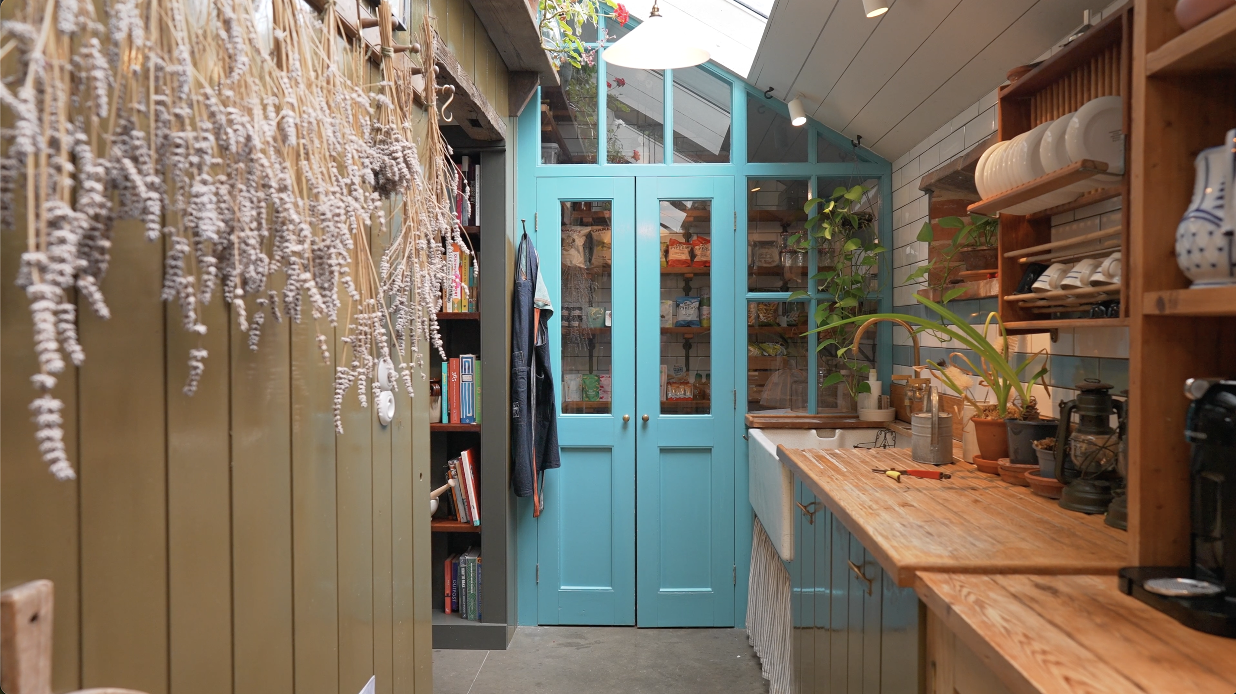 pantry shot with two blue double doors