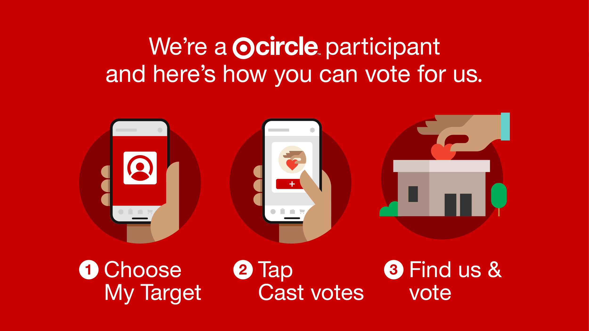 How to vote for Helping Hand Me Downs through Target's non profit donation program: 1. Choosing a target on a smartphone, 2. Tapping to cast votes, 3. Share with others