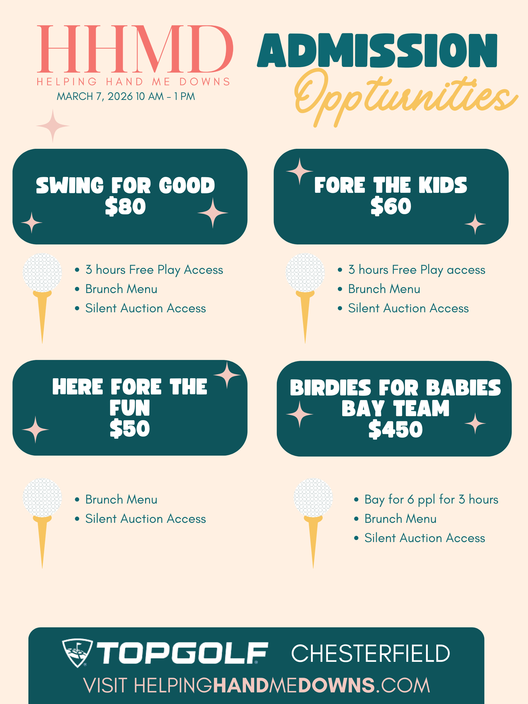 Flyer with event details for Helping Hand Me Downs, showcasing various donation opportunities like Swing for Good, Fore the Kids, Here for the Fun, and Birdies for Babies Bay Team, including prices, date, and amenities.