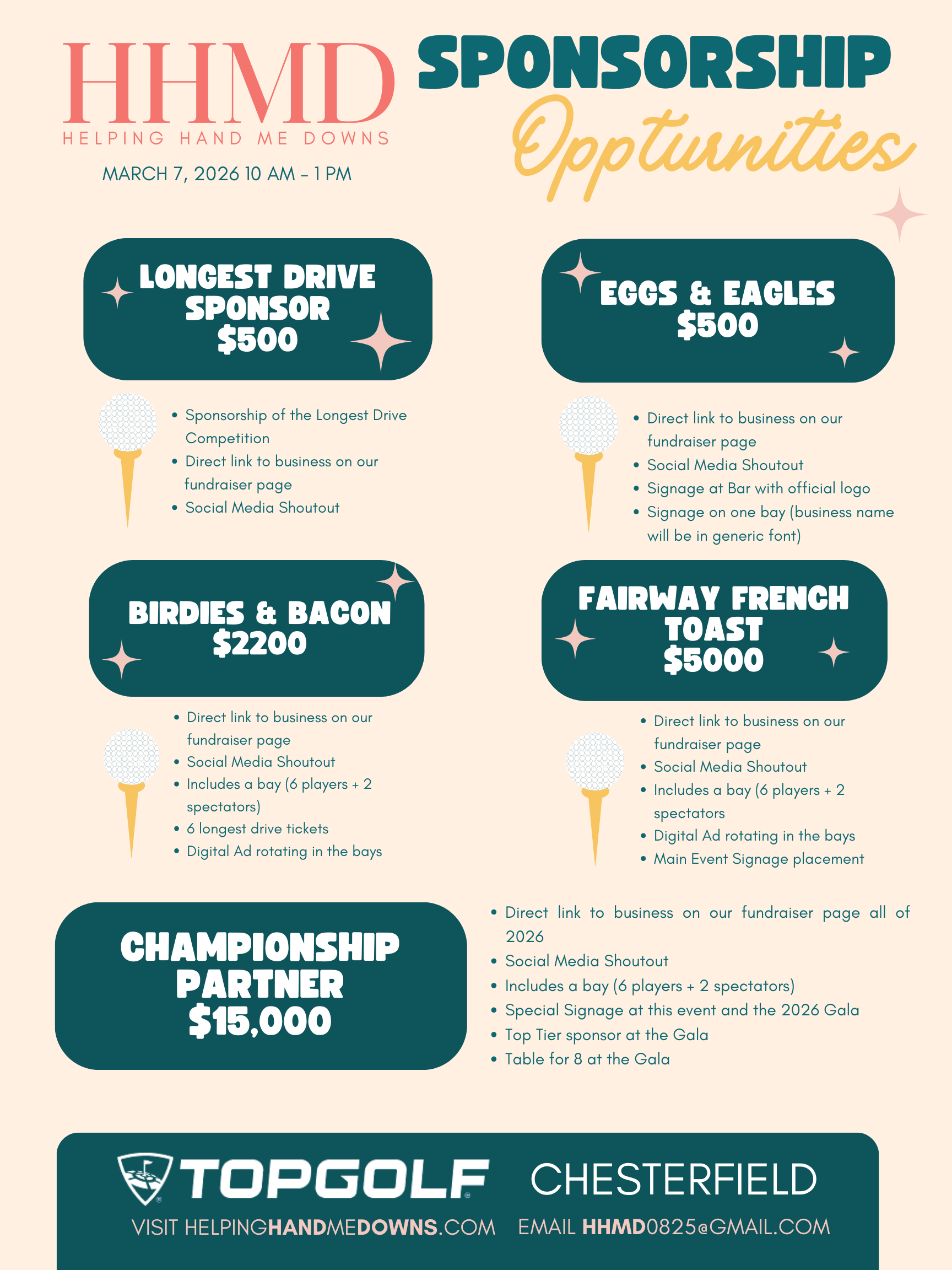 Sponsorship opportunities for Brunch, Birdies, & Giving, a fundraiser on March 7, 2026 supporting Helping Hand Me Downs at TopGolf Chesterfield, including sponsorship levels and benefits, with text, graphics, and contact information.