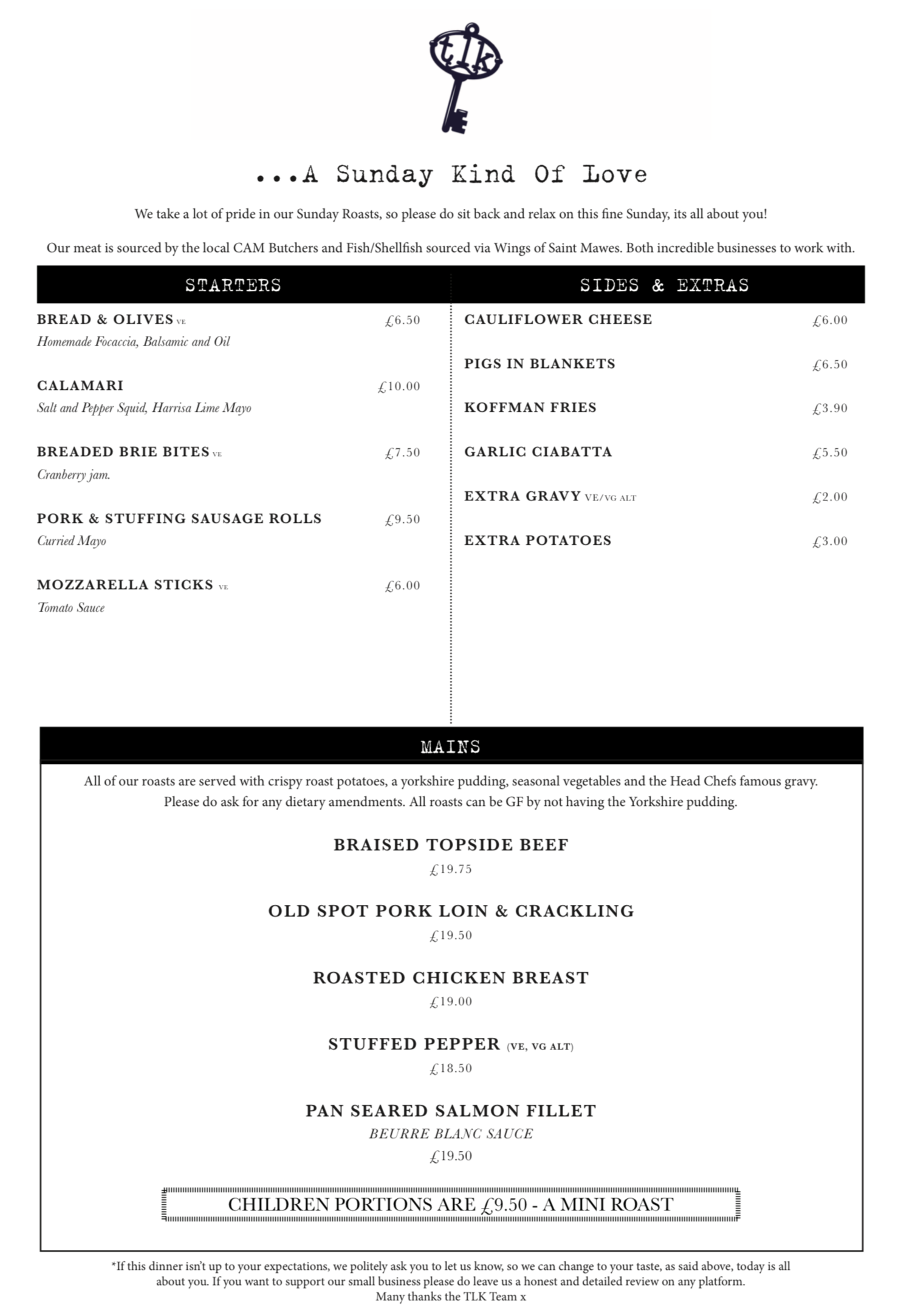 A restaurant menu titled 'A Sunday Kind of Love' featuring starters, sides, extras, and main courses, with prices in British pounds. The menu includes items like bread & olives, calamari, breaded brie bites, pork & stuffing sausage rolls, mozzarella sticks, cauliflower cheese, pig's in blankets, and various roasts.