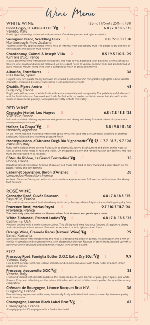 A wine menu displaying various white, red, rosé, and fizz wines, including names, origins, descriptions, and prices, with an elegant design and pink decorative accents.