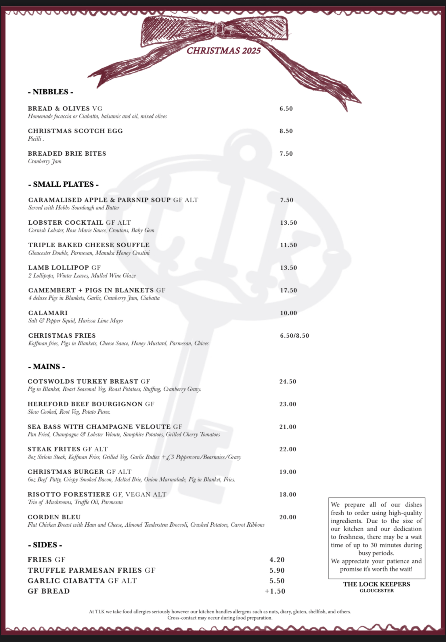 Menu for Christmas 2025 at The Lock Keepers in Gloucester, featuring various nibbles, small plates, mains, sides, and a note about food preparation.