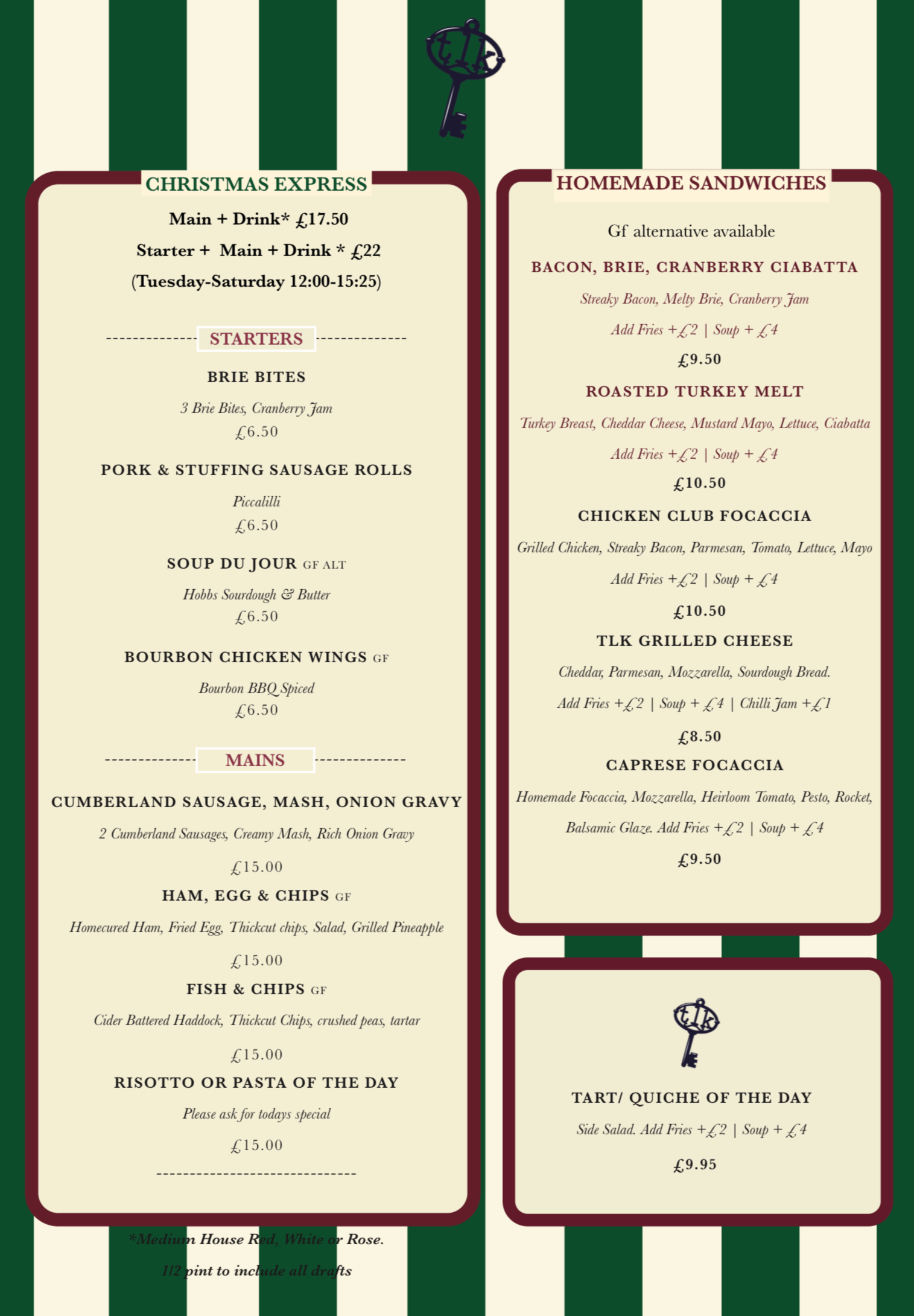 Restaurant menu with Christmas express and homemade sandwiches sections, listing various food items and prices, set against a background with green and white stripes.