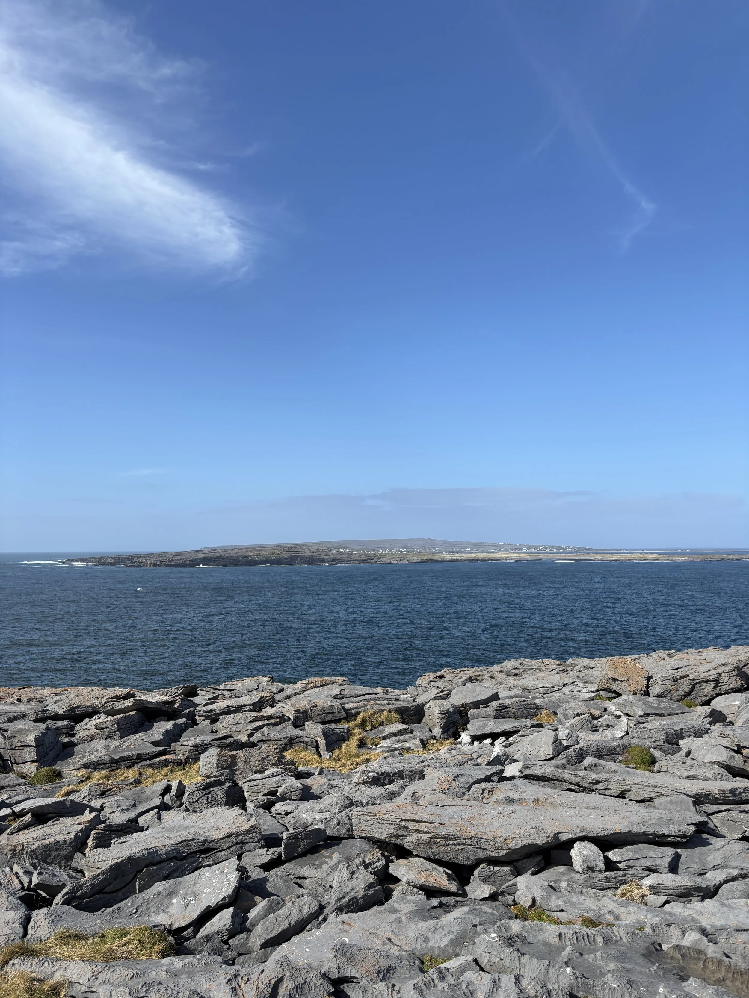A rocky shoreline with large gray boulders in the foreground, a body of water, and a distant landmass under a blue sky with a few clouds.