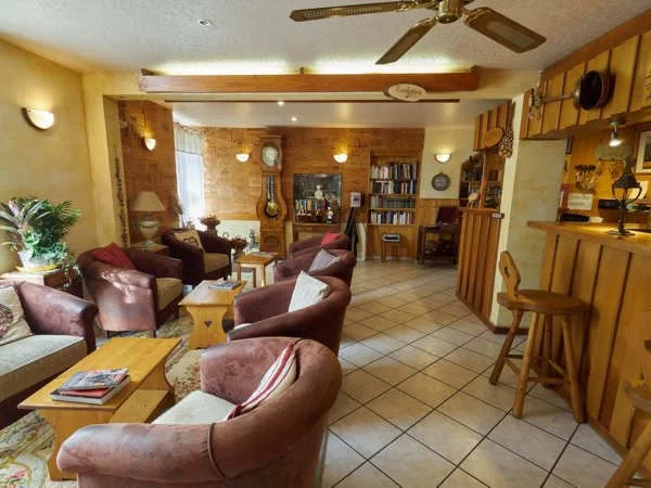 Salon accueillant avec plusieurs fauteuils en tissu, une cheminée en pierre, une étagère avec des livres, des lampes murales, un plafond avec ventilateur, et un bar en bois avec deux tabourets