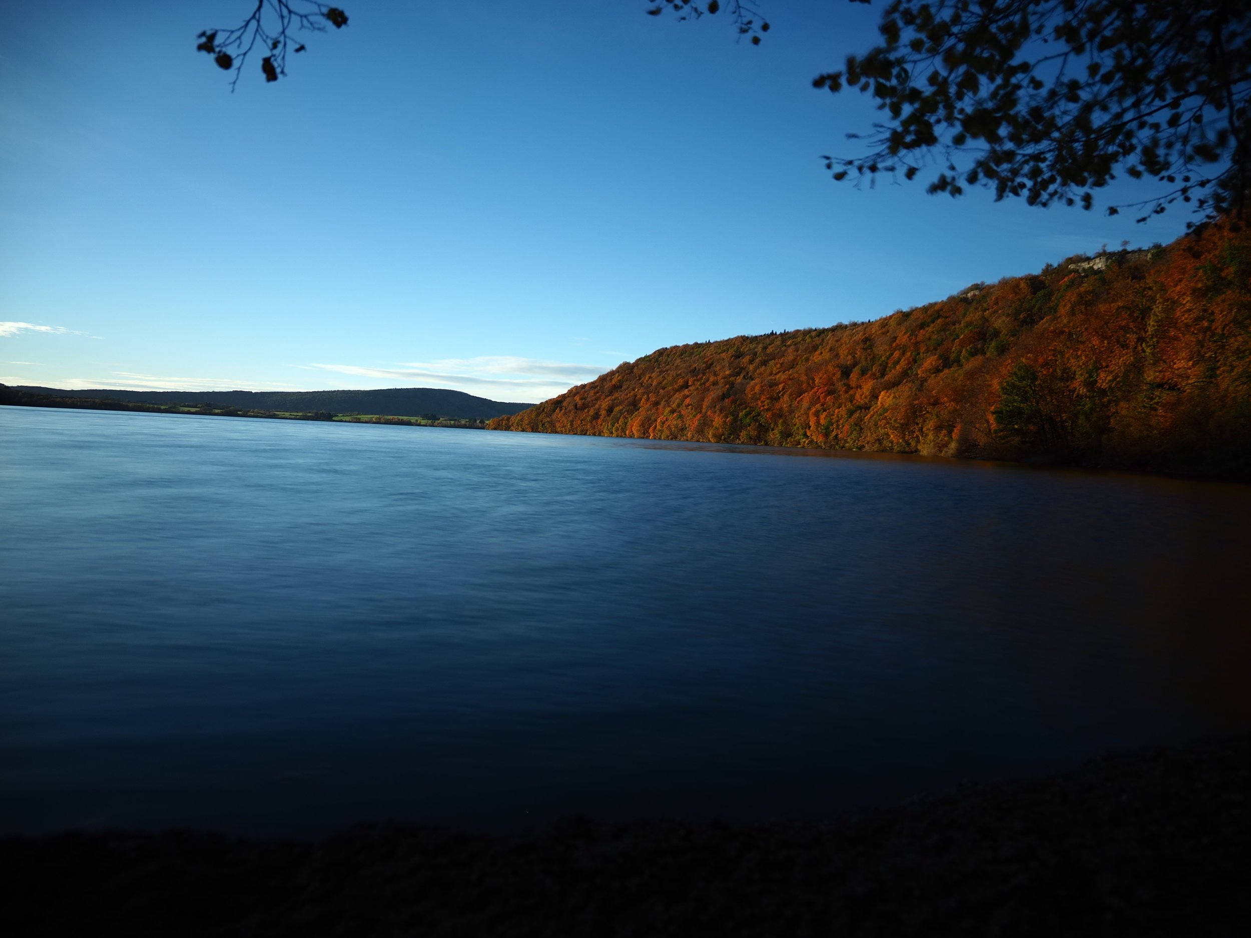 Un lac avec des eaux calmes, entouré de collines couvertes d'arbres aux couleurs automnales, sous un ciel bleu clair, avec quelques branches d'arbre en premier plan.
