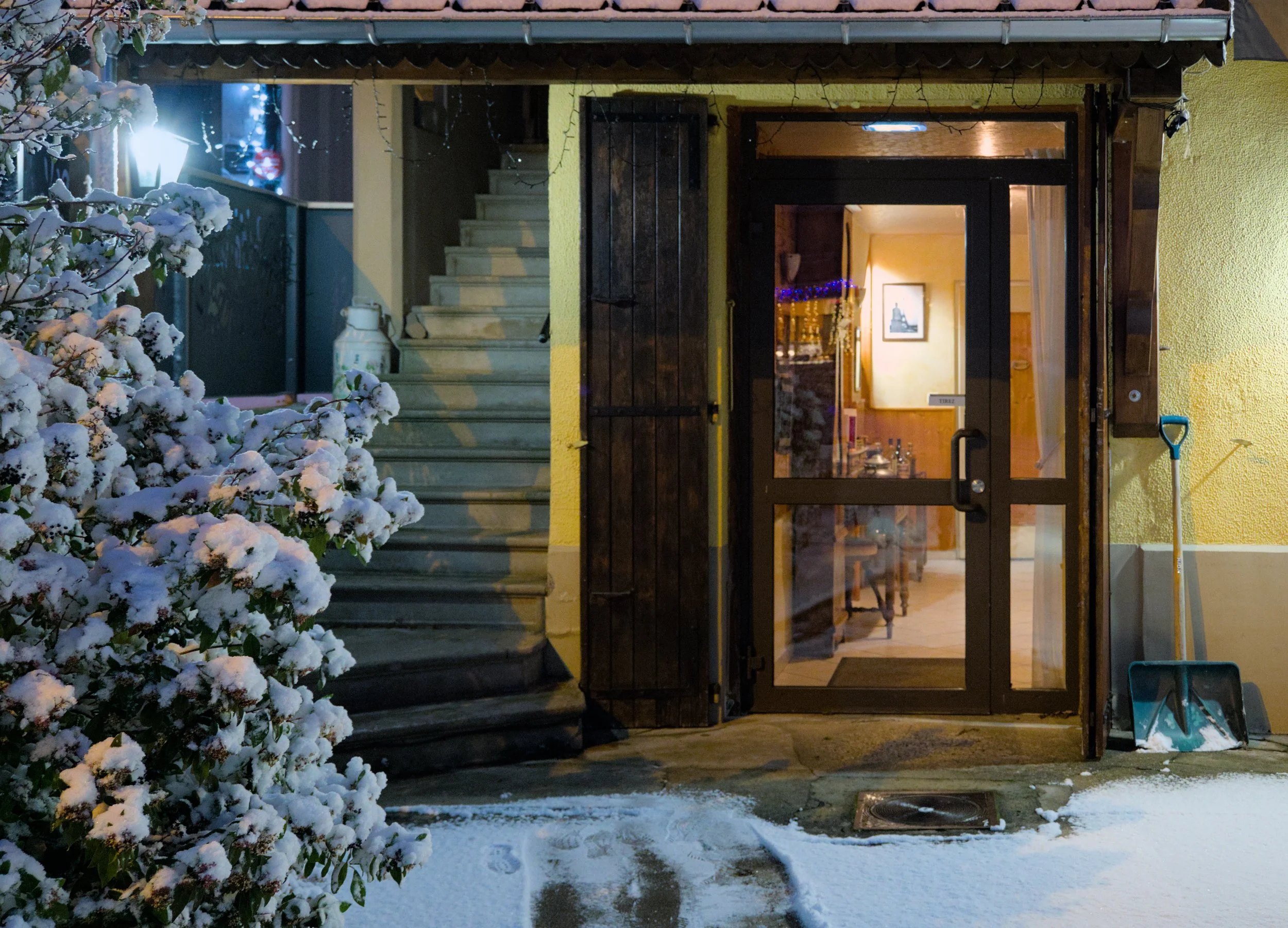 Entrée d'une maison avec escaliers, fleurs enneigées, porte en verre, et outils de neige à côté, éclairée à l'intérieur.