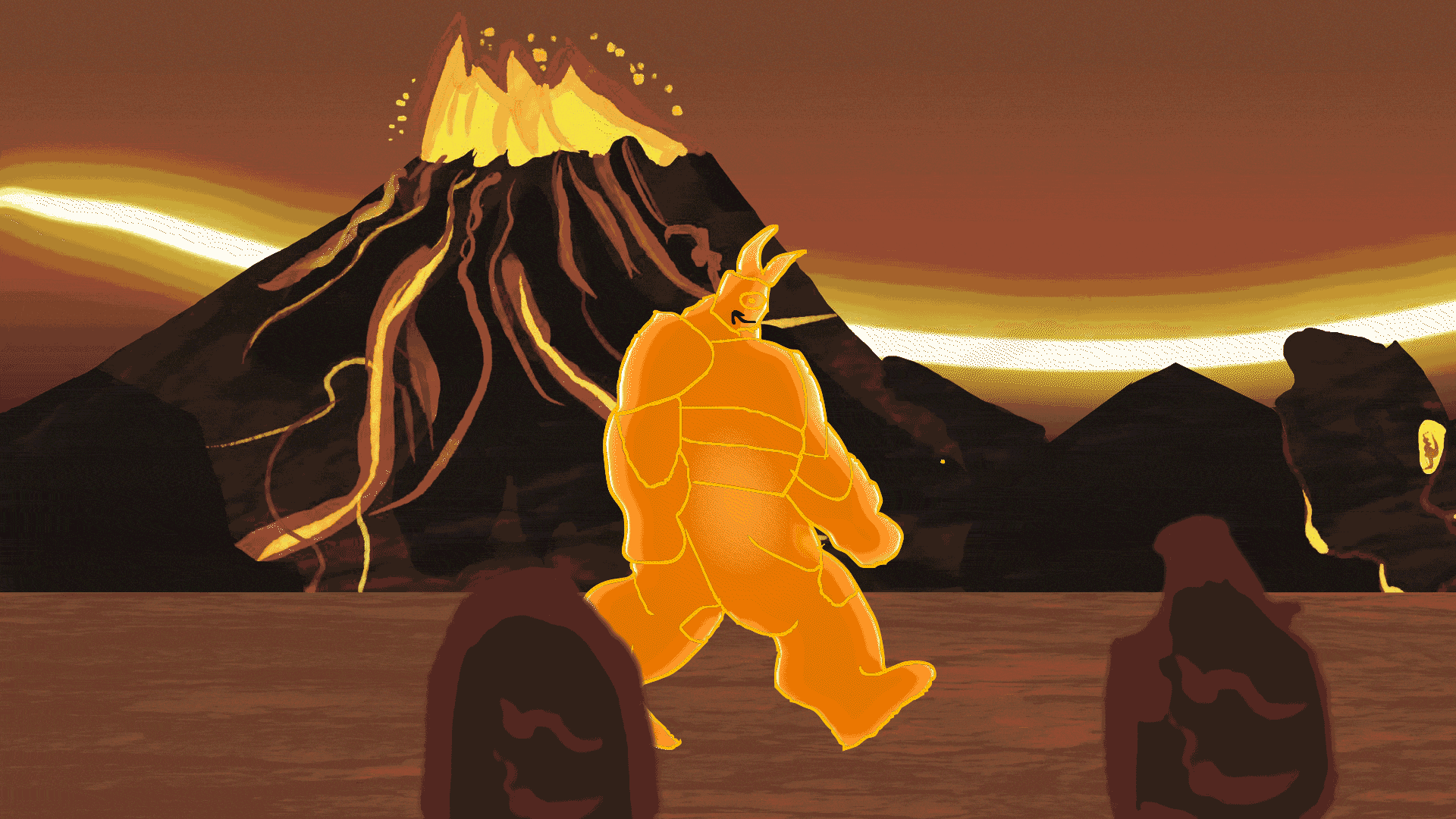 2D keyframe walk cycle animation of magma character