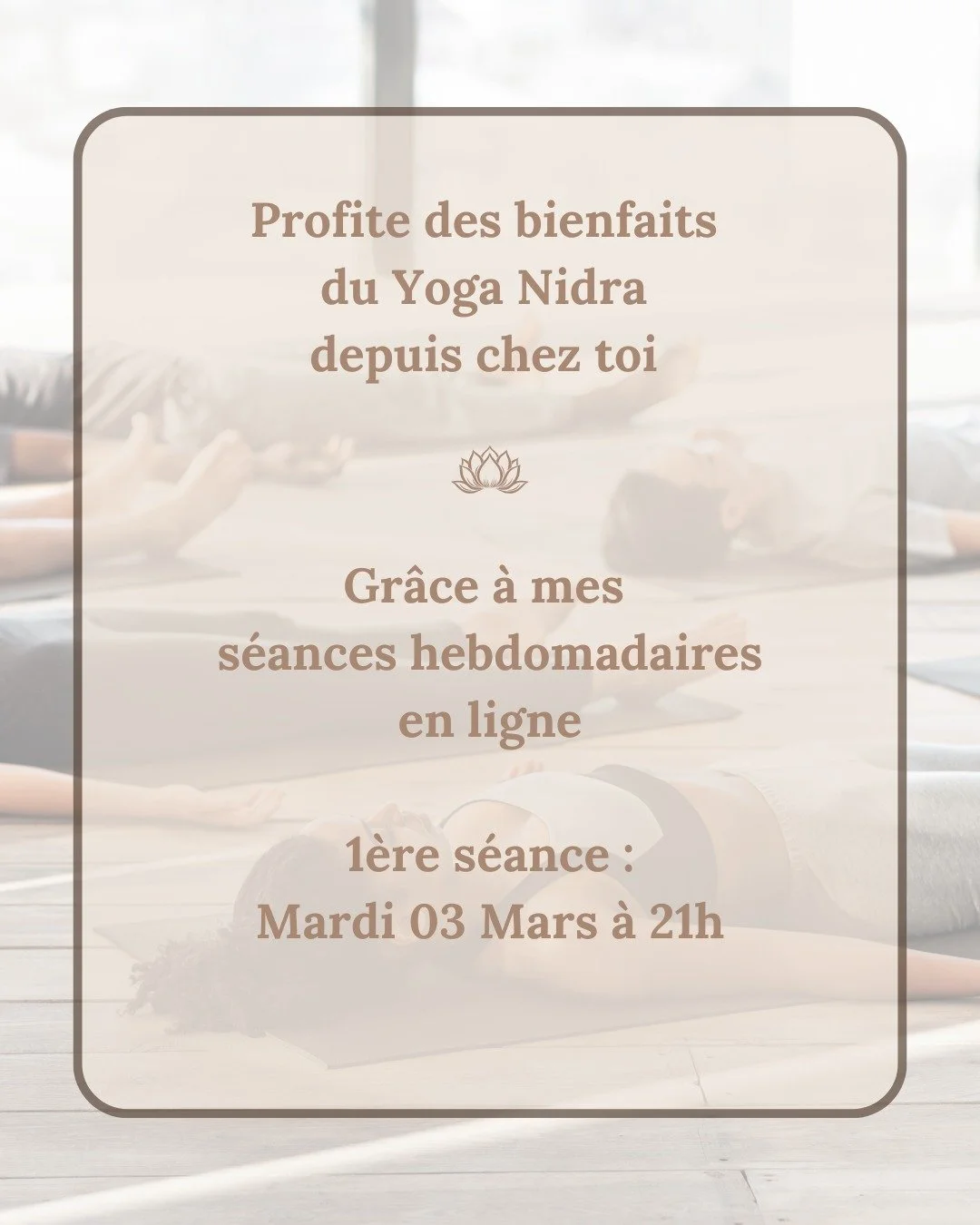 Je propose des s&eacute;ances r&eacute;guli&egrave;res de Yoga Nidra en ligne &agrave; partir du mardi 03 mars.

📅 PLANNING MARS-AVRIL
1 s&eacute;ance par semaine, en alternance mardi/jeudi &agrave; 21h
(Swipe pour voir toutes les dates ➡️)

📍 En l