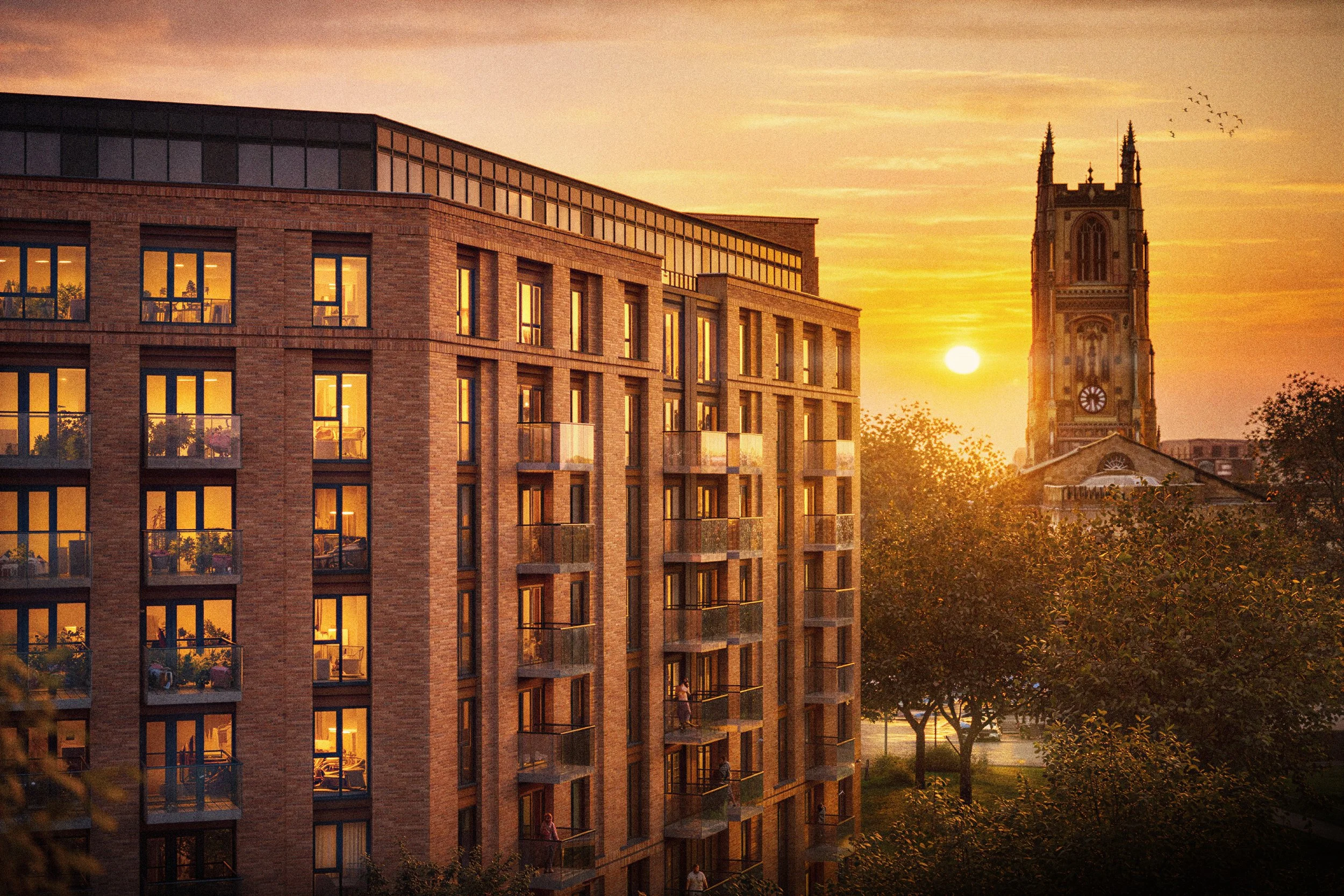 CGI render of Cathedral One Derby apartments at sunset, overlooking Derby Cathedral