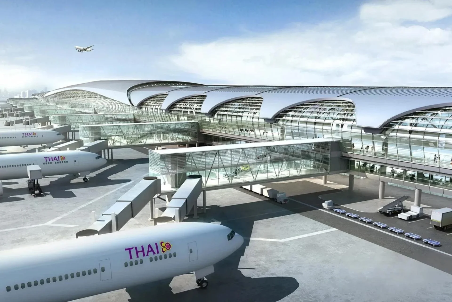 Rendering of a modern airport terminal with Thai Airways aircraft, illustrating the scale of the planned Phang Nga–Andaman International Airport