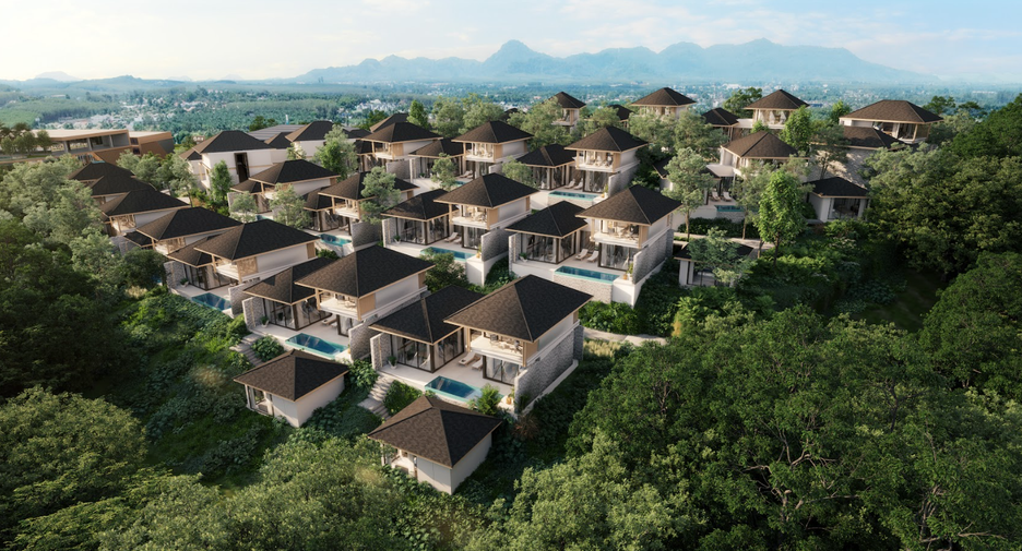 Aerial rendering of KĀHLĪ Hillside Villas, a 19-residence Japandi-style pool villa community in Cherngtalay, Phuket