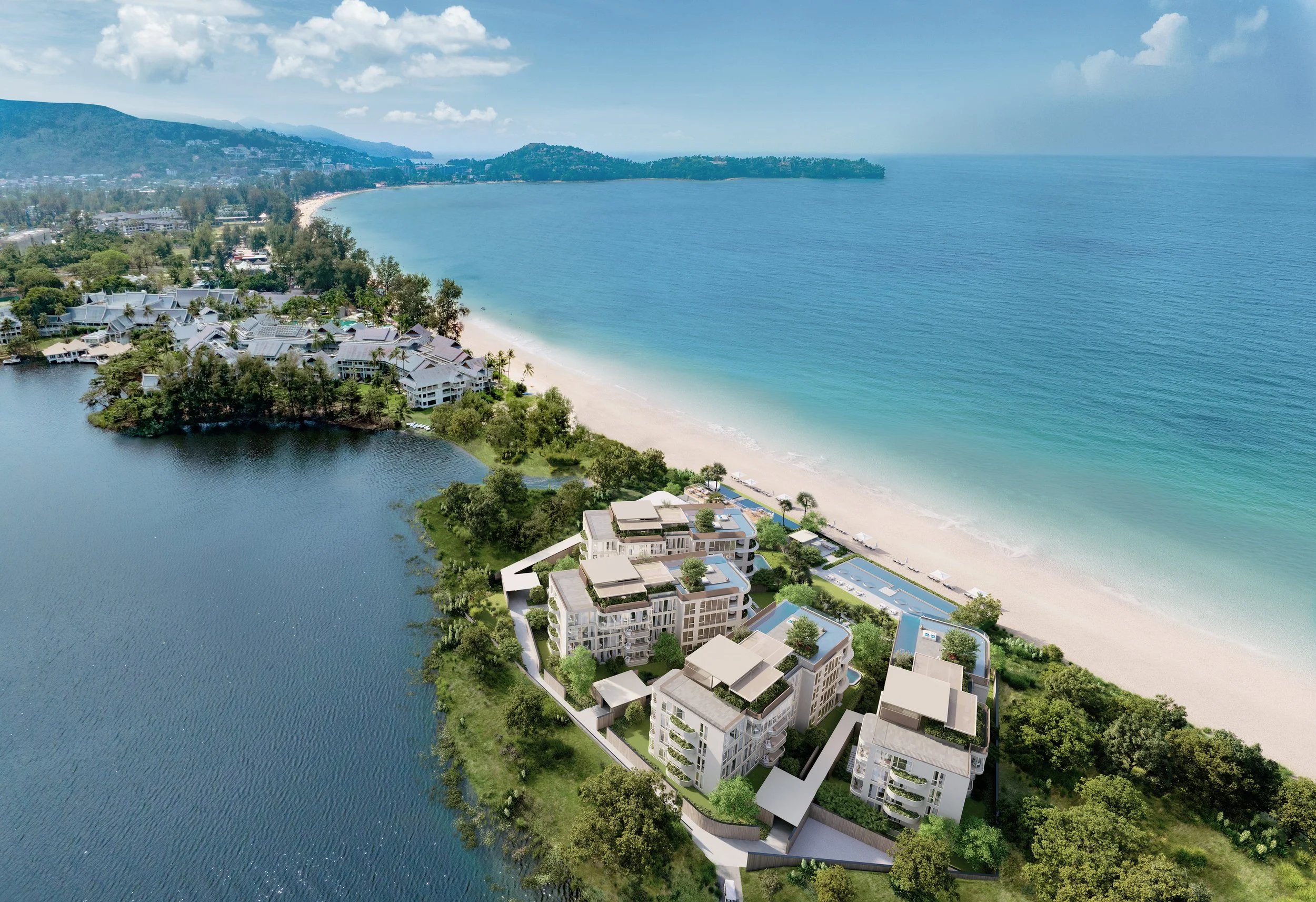 Aerial rendering of Banyan Tree Beach Residences Oceanus, a 16-unit ultra-luxury seafront development on Bang Tao Beach, Laguna Phuket