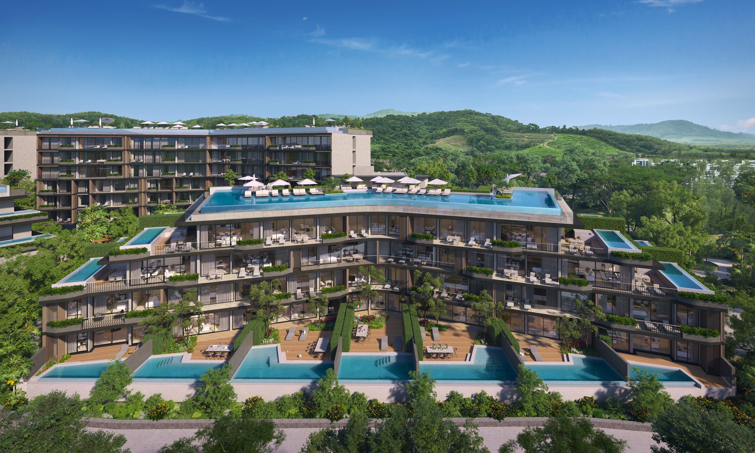 Aerial rendering of Laguna Lakelands Lakeview Residences, terraced hillside condominiums by Banyan Group in Phuket with private and rooftop infinity pools