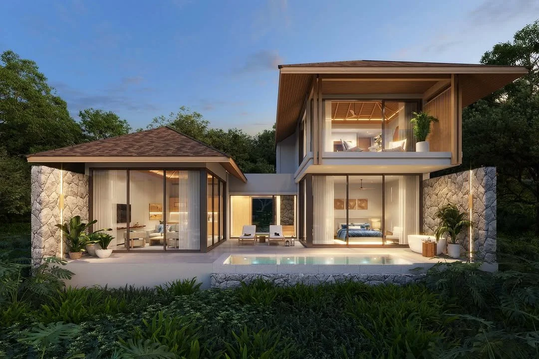 Architectural rendering of a modern pool villa at QAV Residence, a hillside villa community in Si Sunthon, Phuket