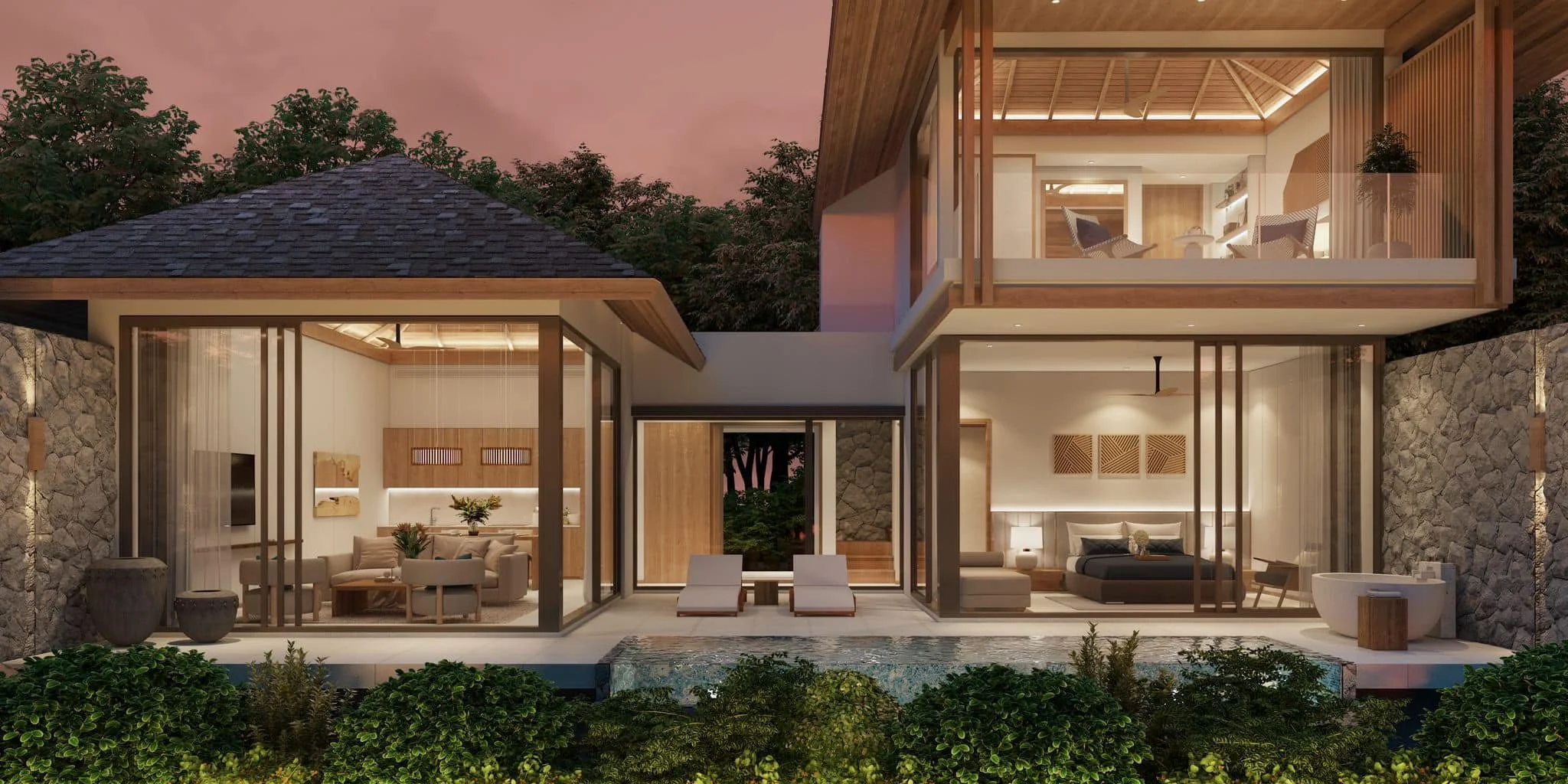 Modern two-story house with glass walls, stone walls, and a pool outside, illuminated during dusk.