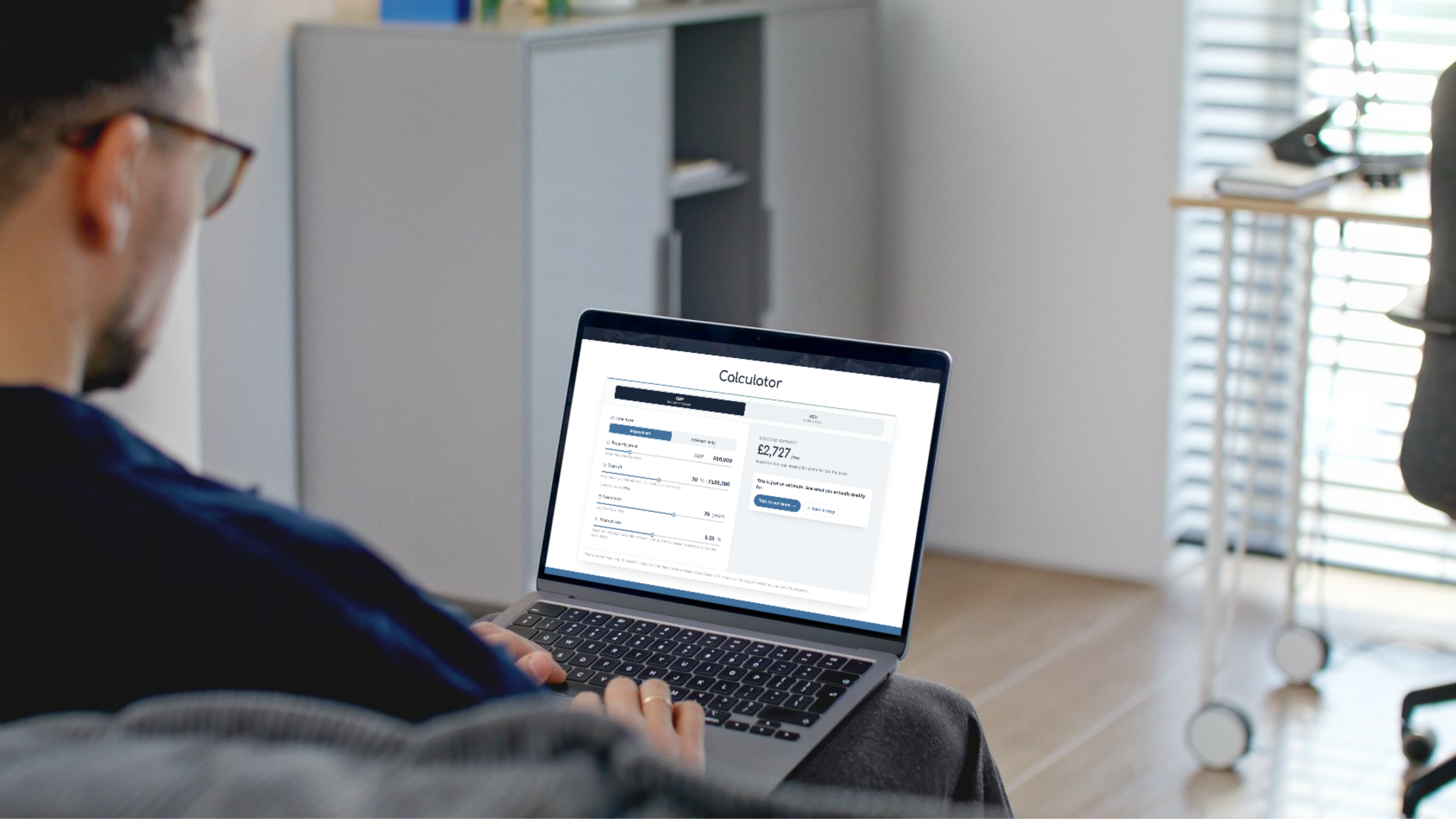 Expat mortgage calculator UK tool by On Invest, showing GBP and AED repayment estimate for overseas property buyers