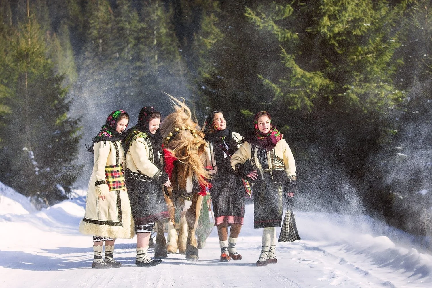 Group of women in traditional folk costumes standing in snow with tall trees in the background, with a dog among them.