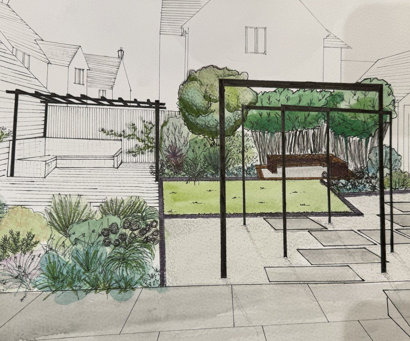 A garden design perspective illustration for a family garden. The new patio, steps, decorative stone areas, arch trio, lawn, sunken seating and fire pit area and planted borders are designed on a multi-level basis. Planting is tropical inspired but p