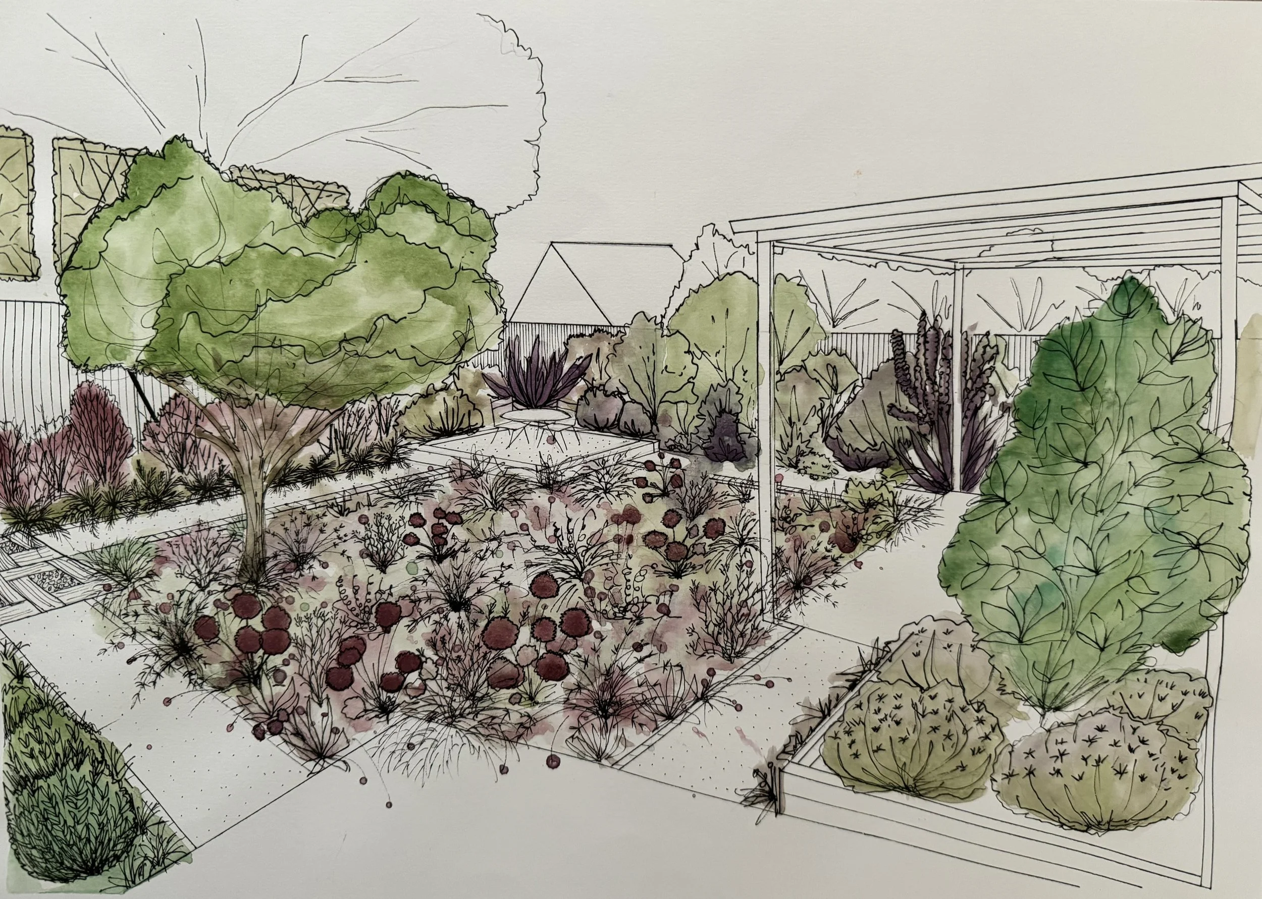 Illustration of a garden design featuring a pergola, pathways and patio's raised up off the ground