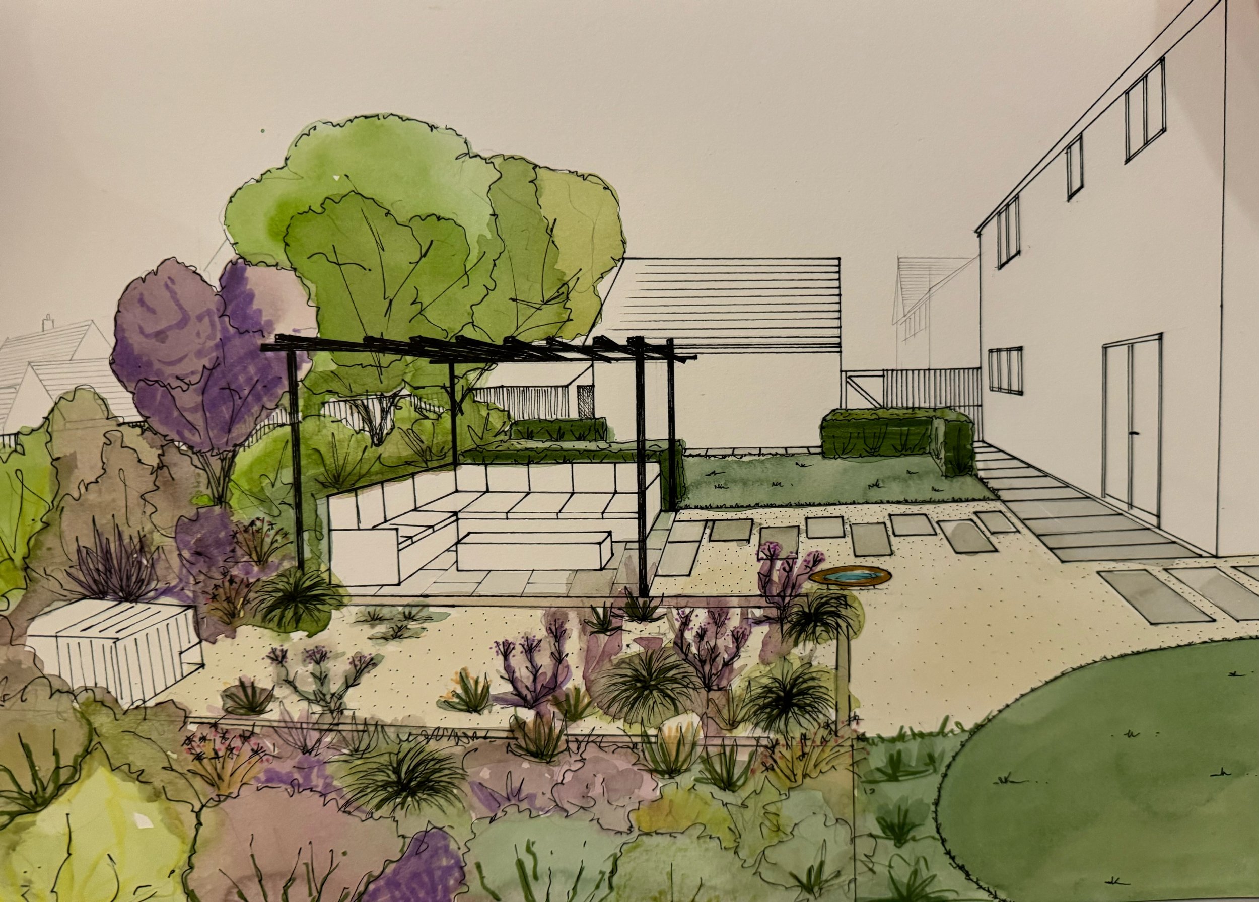 A garden design perspective illustration for a family and their tortoise. This garden showcases a new build garden with lawns, hedging, planted borders, shingle pathways with stepping stones, a raised patio with pergola, summer house and new brick wa