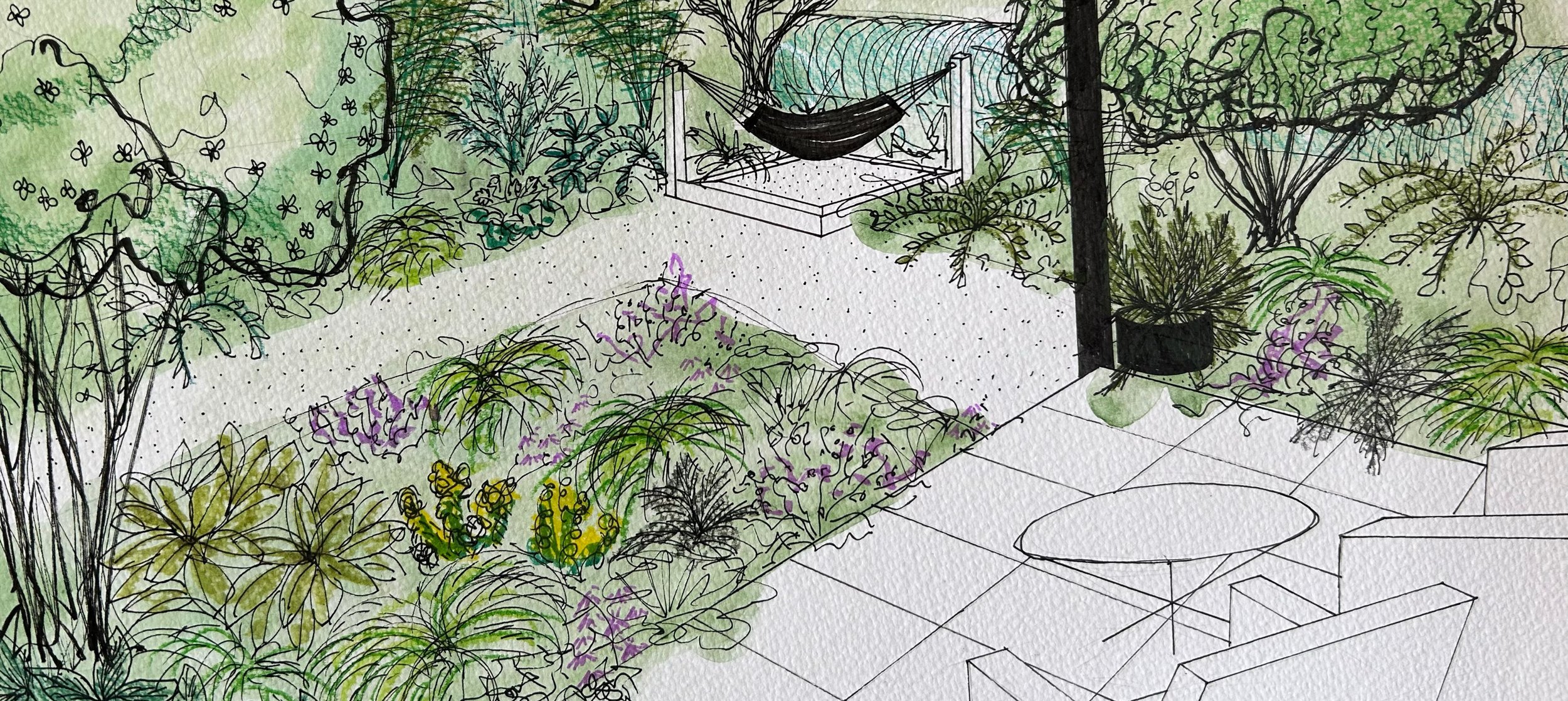 A garden design perspective illustration for a relaxation garden. The planted colour pallet is soft greens and white herbaceous perennials, with multi-stem trees and larger statement trees for shade and seclusion.