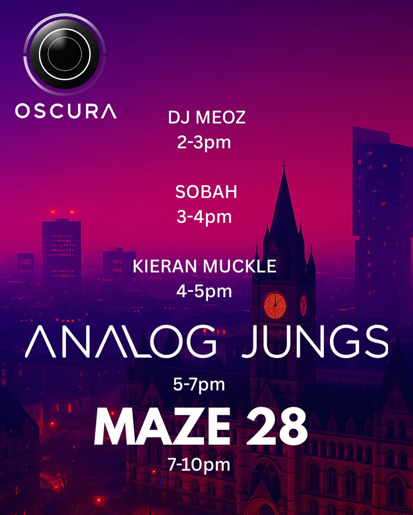 Set Times Announced 

This Saturday in Manchester, we dive deep from 2&ndash;10pm with a full day and evening of immersive deep progressive house at the iconic Stage and Radio Basement.

Maze 28 and Analog Jungs are joined by a stellar supporting lin