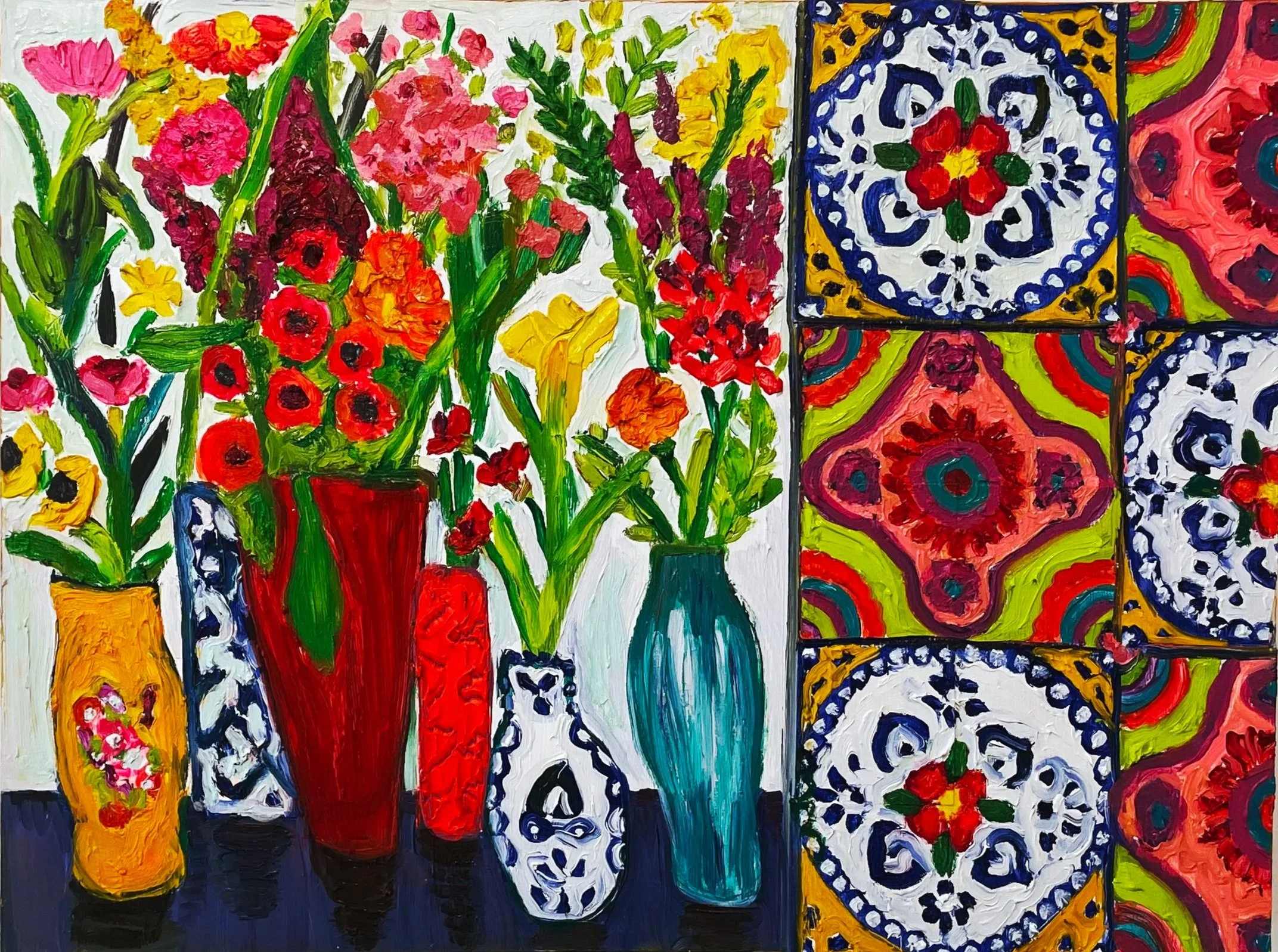 Jessica Alazraki
Flowers and tiles, 2025
oil on wood panel
18 x 24 inches 