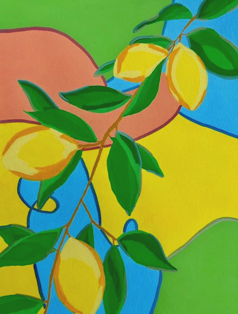 Eine bunte Stickerei oder Illustration mit Zitronen, grünen Blättern und einem mehrfarbigen Hintergrund in Pink, Blau, Gelb und Grün.