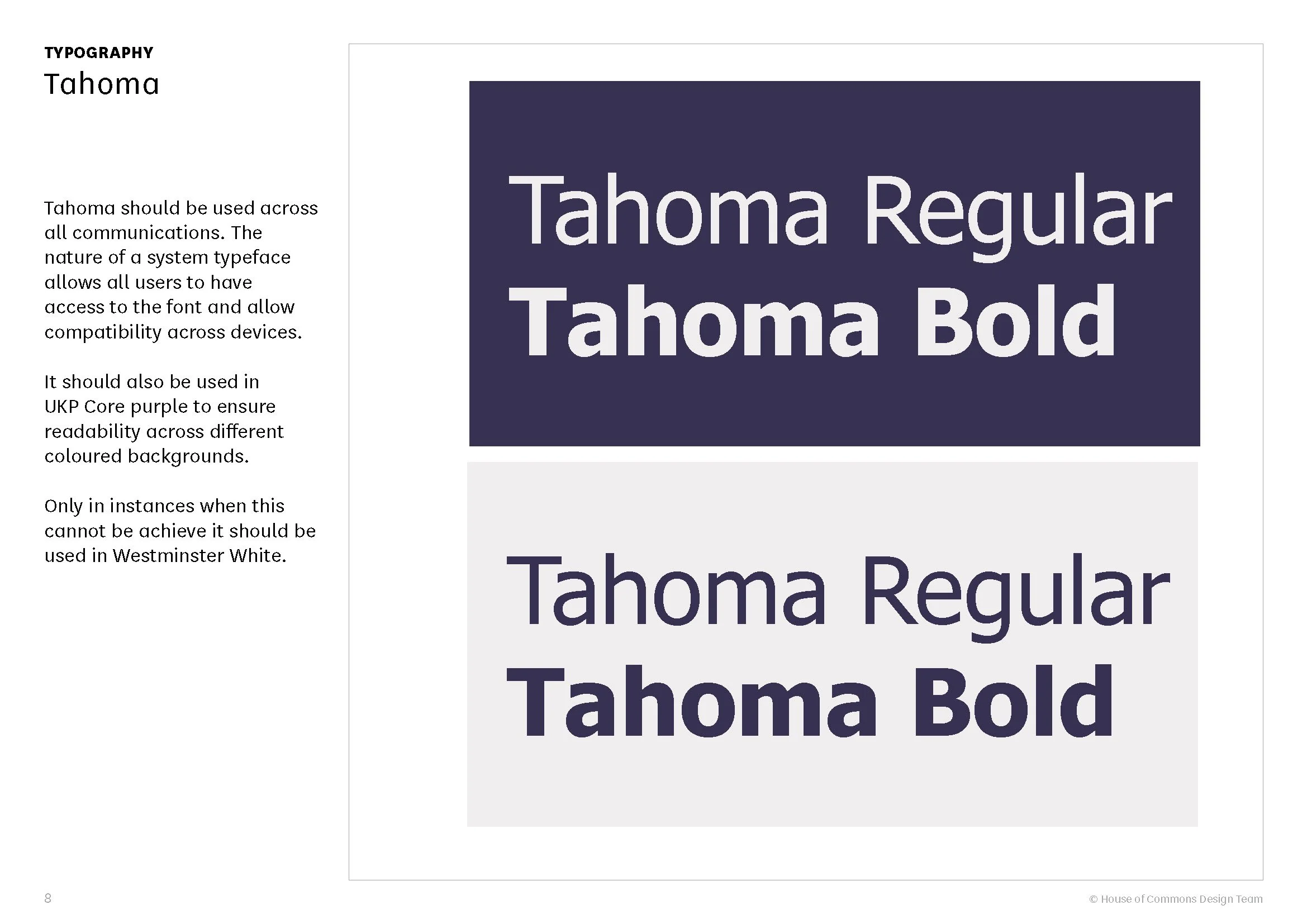 Text sample showing different weights and styles of the Tahoma font, including Tahoma Regular and Bold in dark and light background colors.