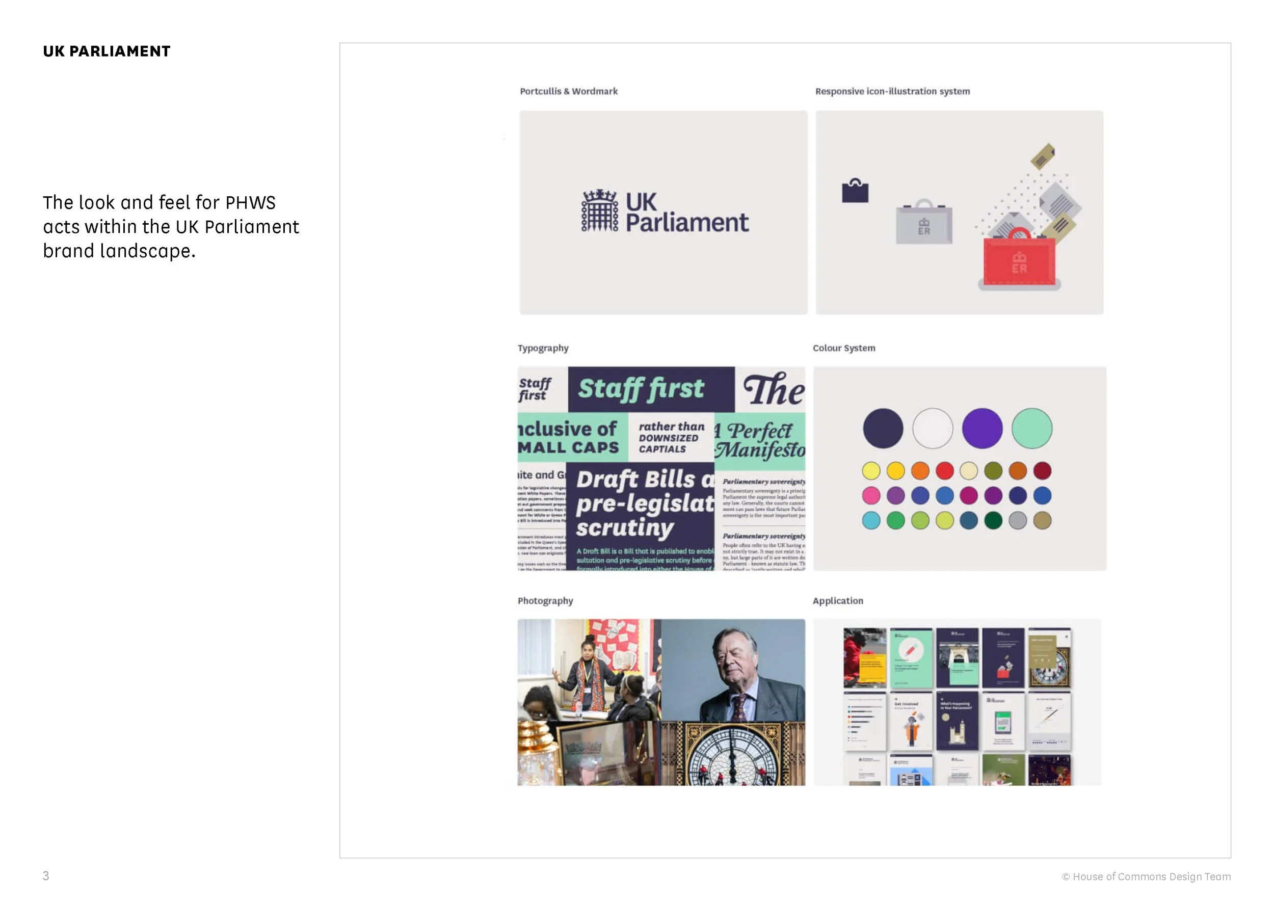 A branding guideline page for UK Parliament, showing logo, icon system, typography, color scheme, photographs of parliamentary scenes, and application layouts, illustrating the look and feel of PHWS within the UK Parliament brand landscape.