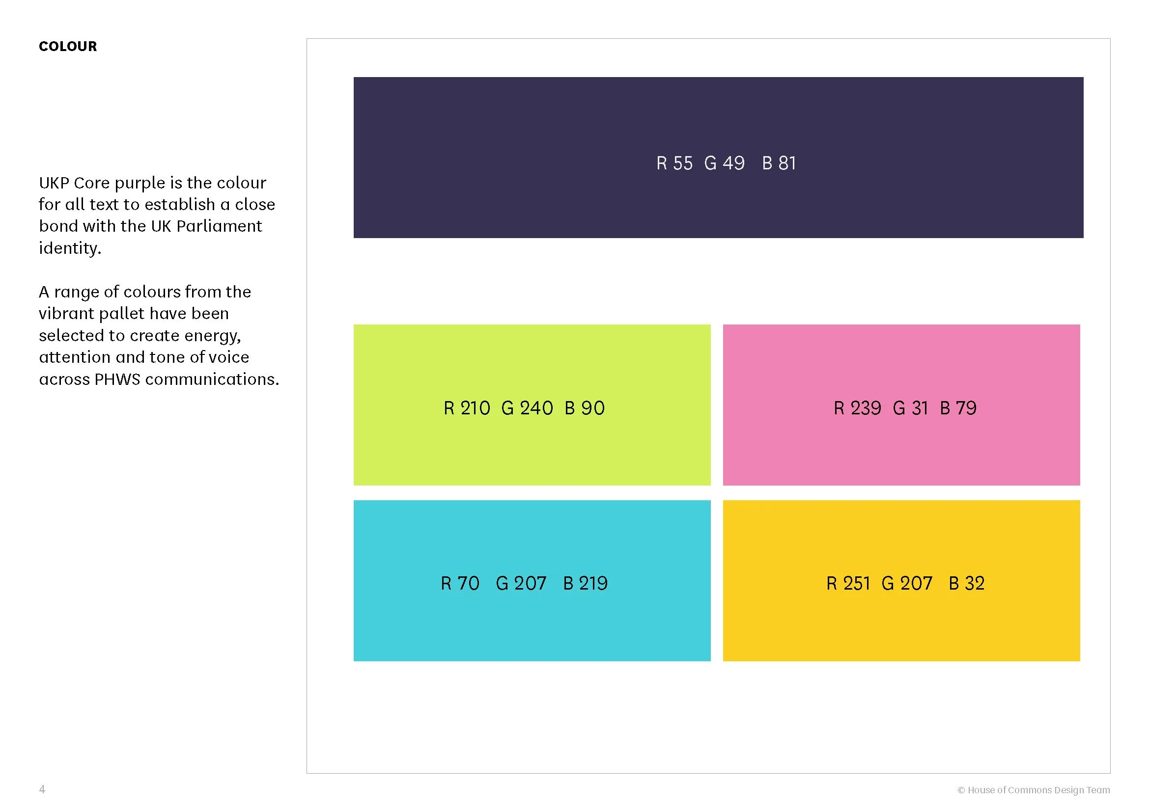 Color palette featuring a large dark purple swatch labeled with RGB values 55, 49, 81; a lime green swatch with RGB values 210, 240, 90; a pink swatch with RGB values 239, 31, 79; a light blue swatch with RGB values 70, 207, 219; and a yellow swatch
