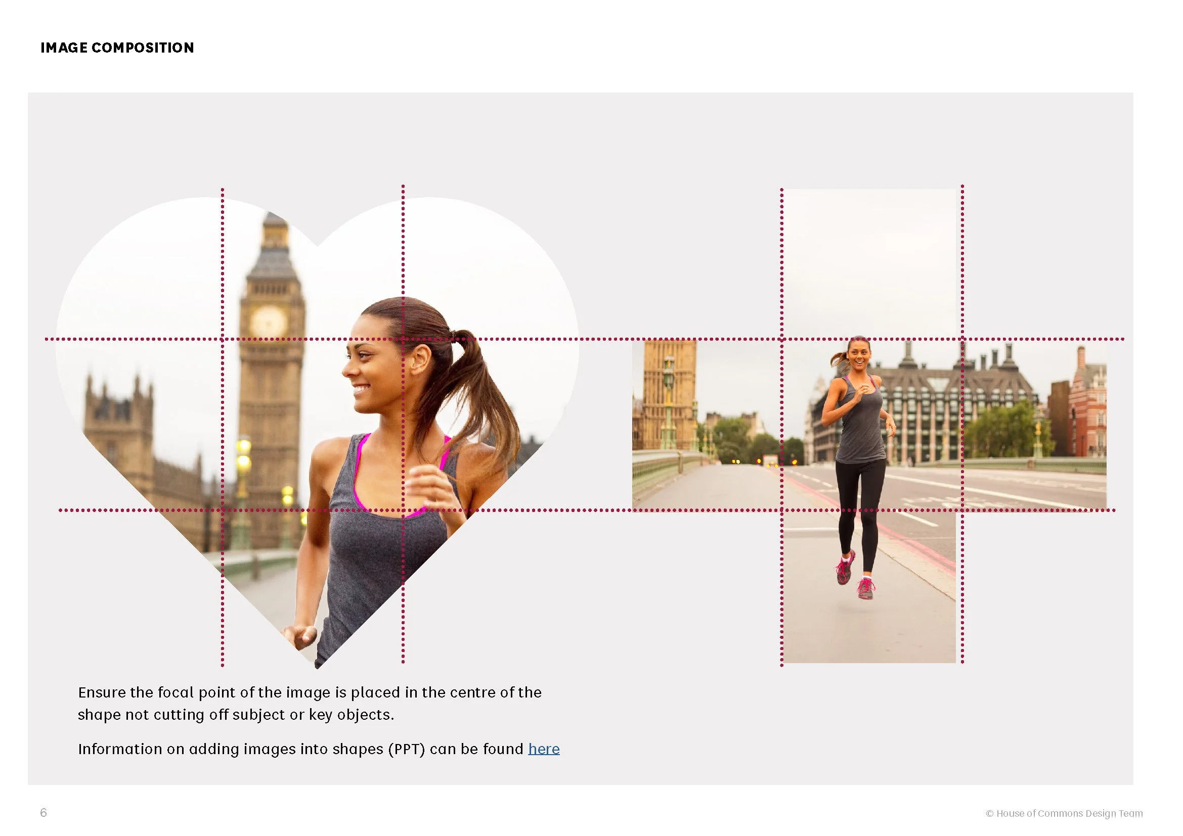 A woman jogging in front of the Big Ben clock tower in London, with a second woman jogging in the background, and graphic overlay illustrating the placement of images within heart and rectangle shapes with grid lines.