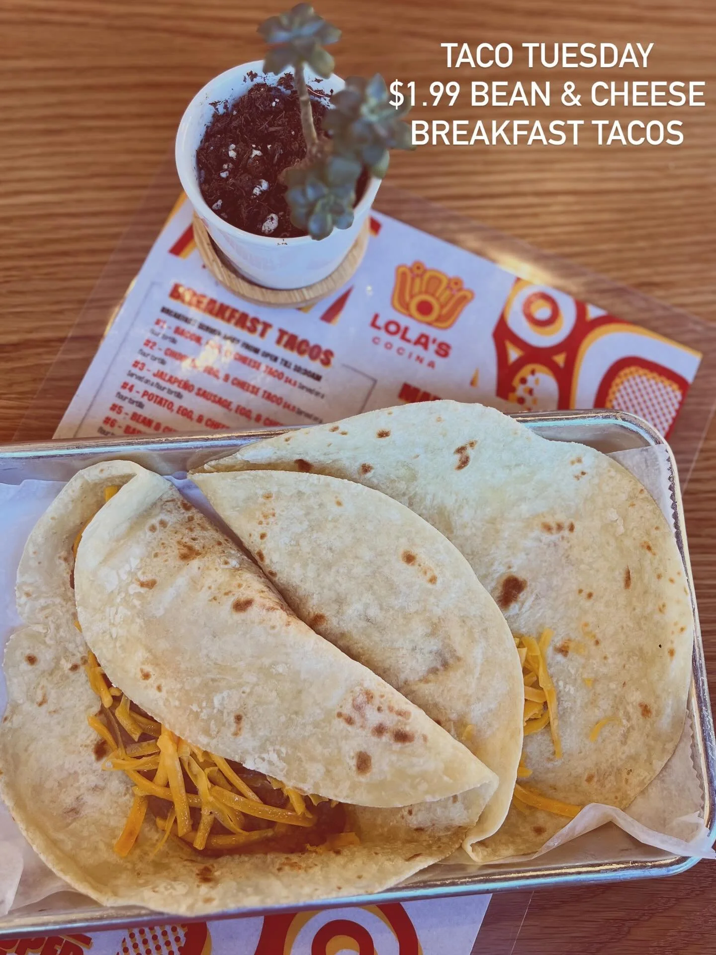 🌮 TACO TUESDAY IS TOMORROW! We&rsquo;re celebrating by offering $1.99 Bean &amp; Chz Breakfast Tacos 🥳🥳🥳 Dine in or come thru drive thru &amp; enjoy with us! ☕️ #breakfast #tacotuesday #lolascocinaJV