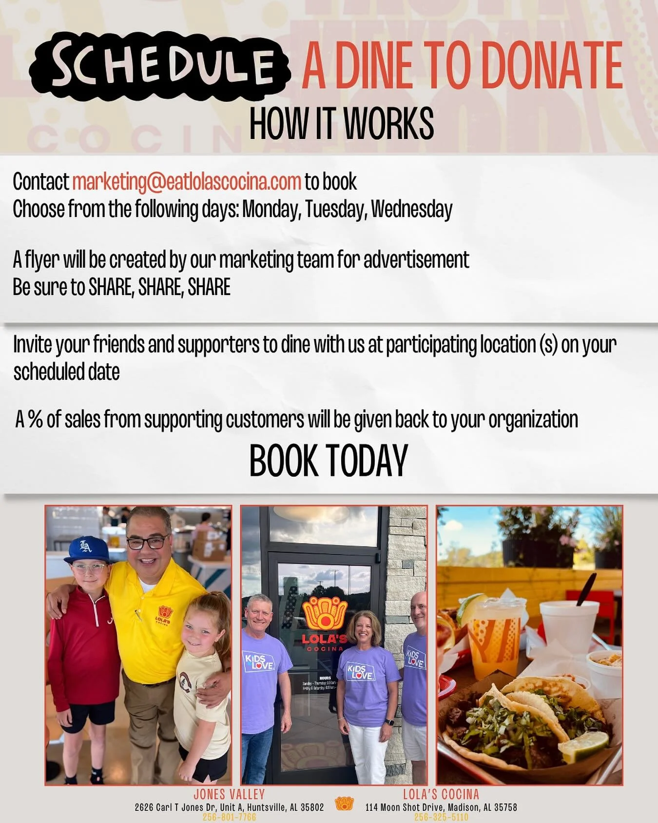📣Calling all 501(c)3 NONPROFITS, Athletic Departments, School Clubs, and PTA&rsquo;s! 👋 We want to give back to our local community by hosting ALL DAY Dine to Donate fundraisers for YOU! Contact marketing@eatlolascocina.com to schedule yours today!
