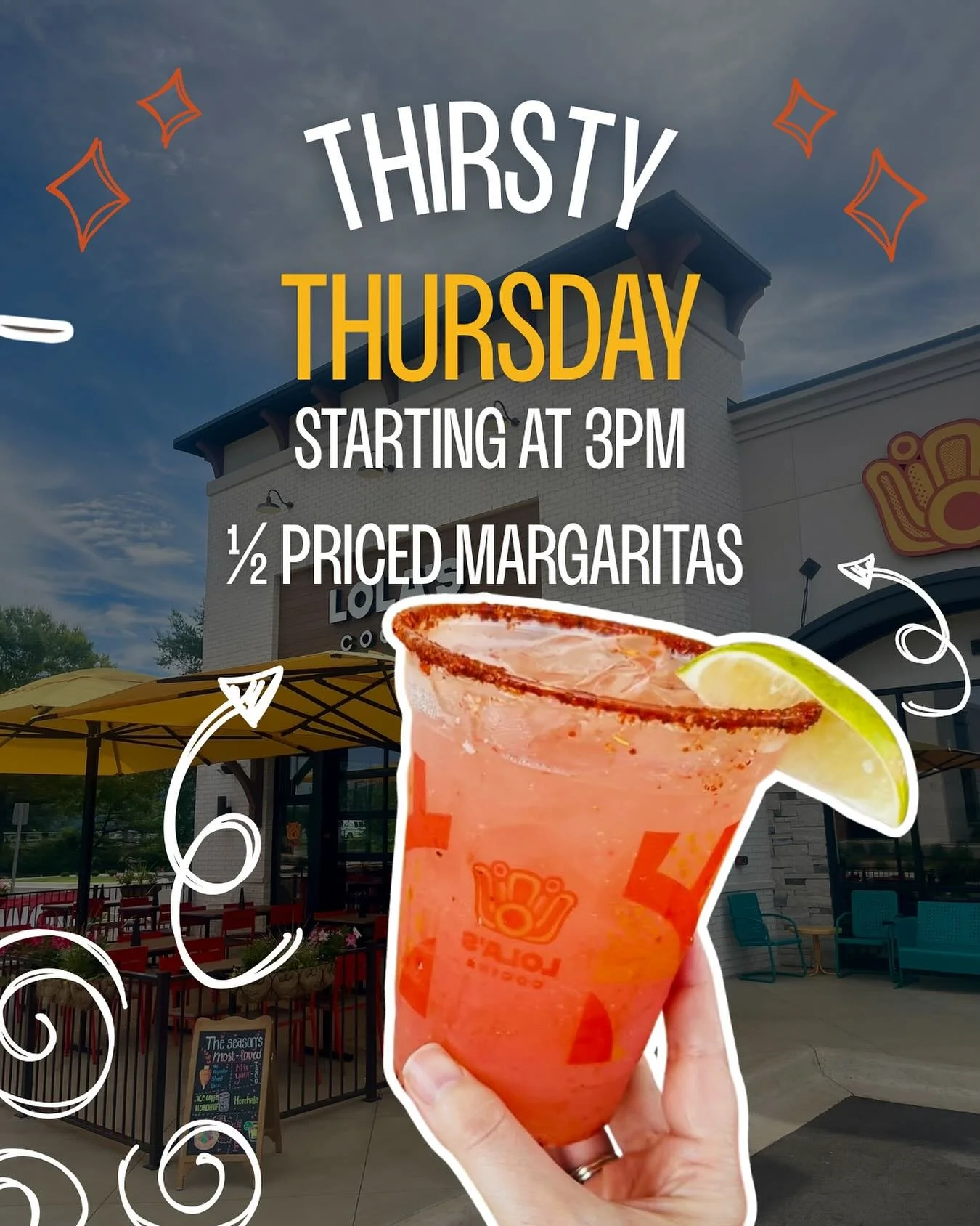 Giddy up! 🥳 1/2 Priced Margaritas THURSDAY starting at 3PM 🍓 &amp; 🍋&zwj;🟩 #partyatlolas #lolascocinaJV #lolascocinaTM #thirstythursday