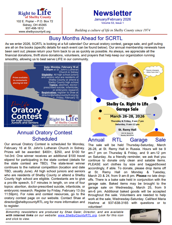 Newsletter page from Shelby County, dated February 2026, with information about a busy month ahead including a garage sale, annual oral contest, and other community events.