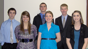 Shelby County Right to Life Oratory Contest; Group of six young adults standing together, posing for a photo, smiling, dressed in semi-formal attire.